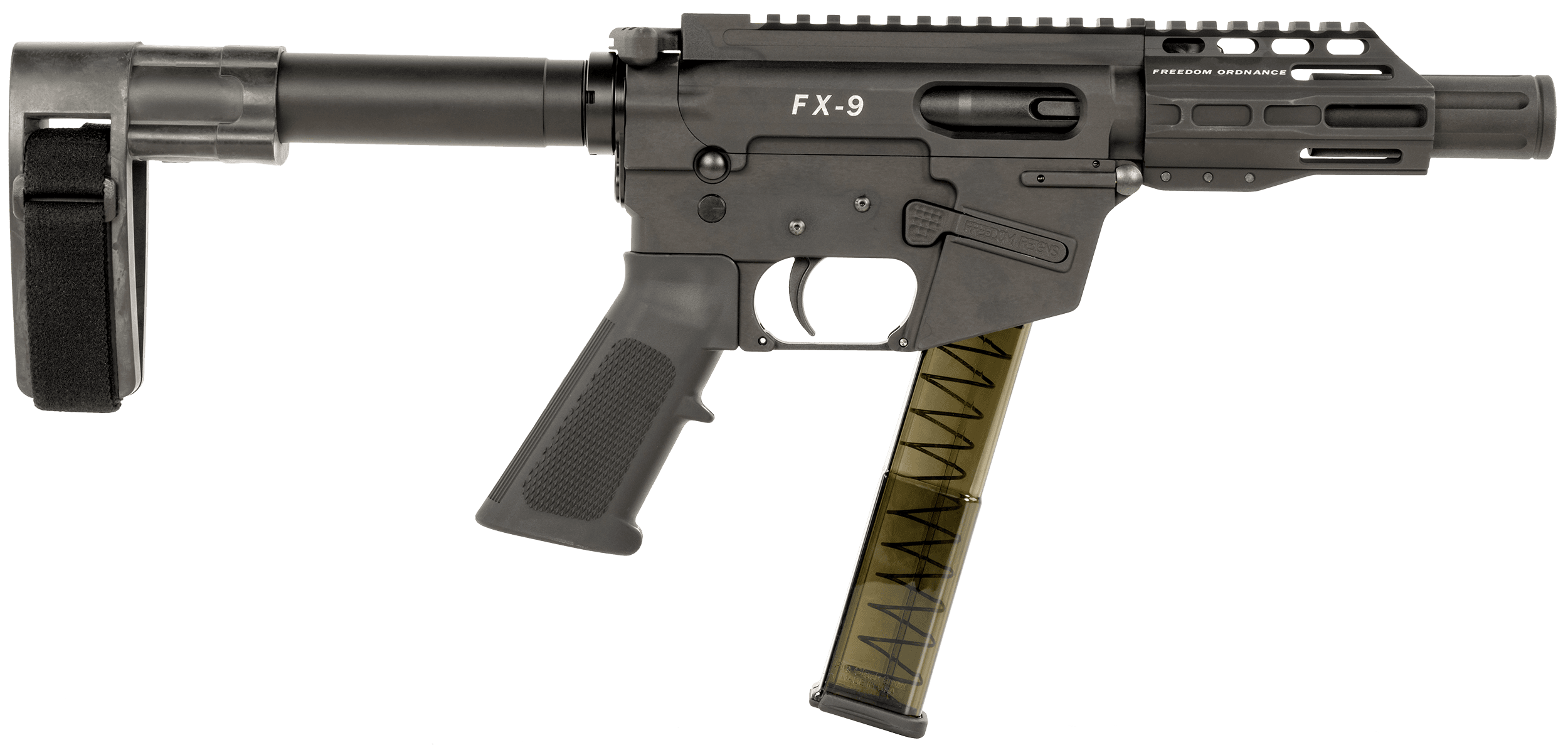 FREEDOM ORDNANCE FX9P4SBM FX-9  9mm Luger 31+1 4" Black Nitride Steel Barrel, M-LOK Handguards, Black Anodized Aluminum Picatinny Rail Receiver, Black SB Mini Brace, AR15 Grip