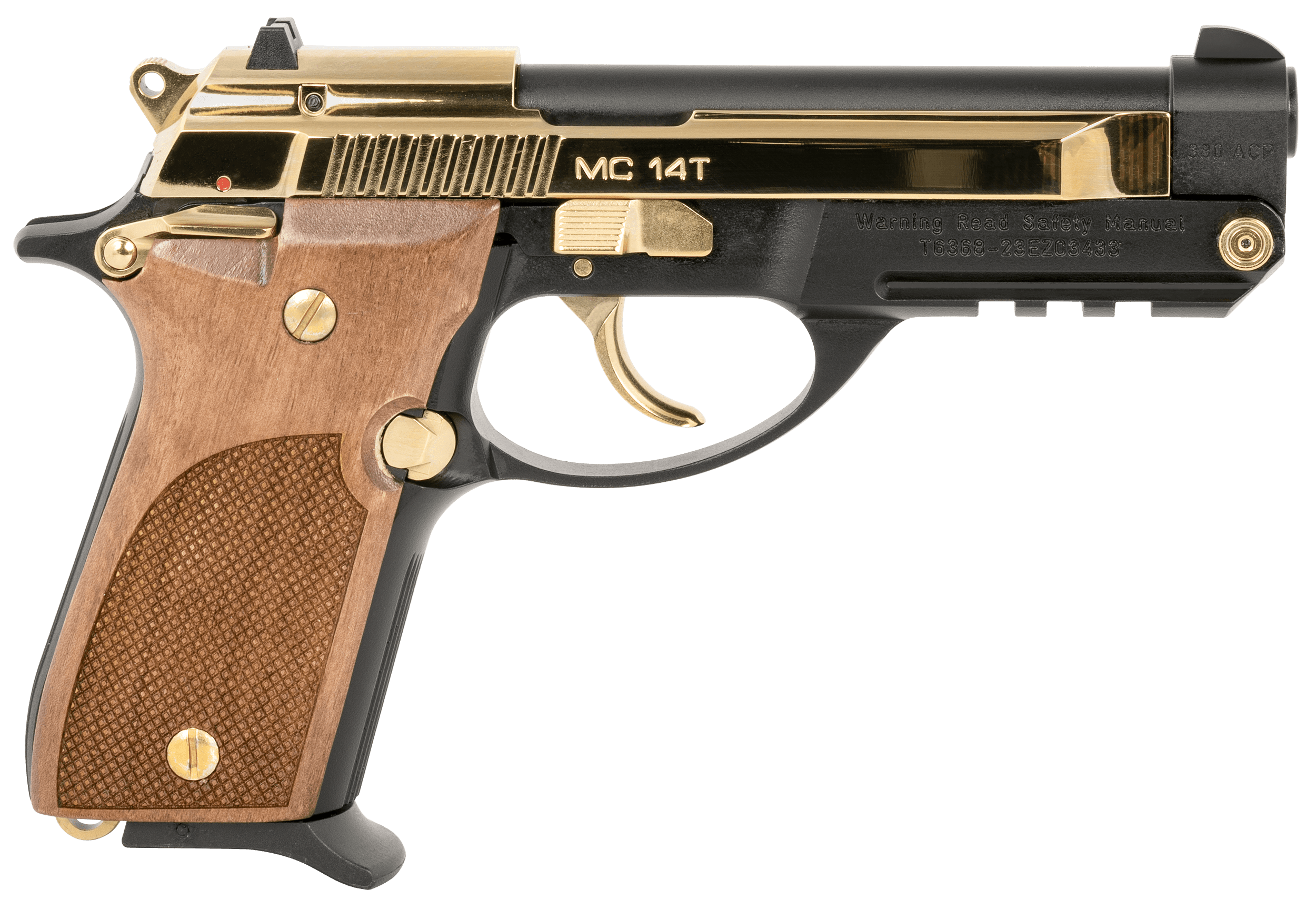 Girsan 390876 MC 14T Solution Sports South Exclusive Compact 380 ACP 13+1 4.50" Gold Plated Steel Tip-Up Barrel, Serrated Slide & Aluminum Frame w/Accessory Rail, Walnut Checkered Grip Ambidextrous