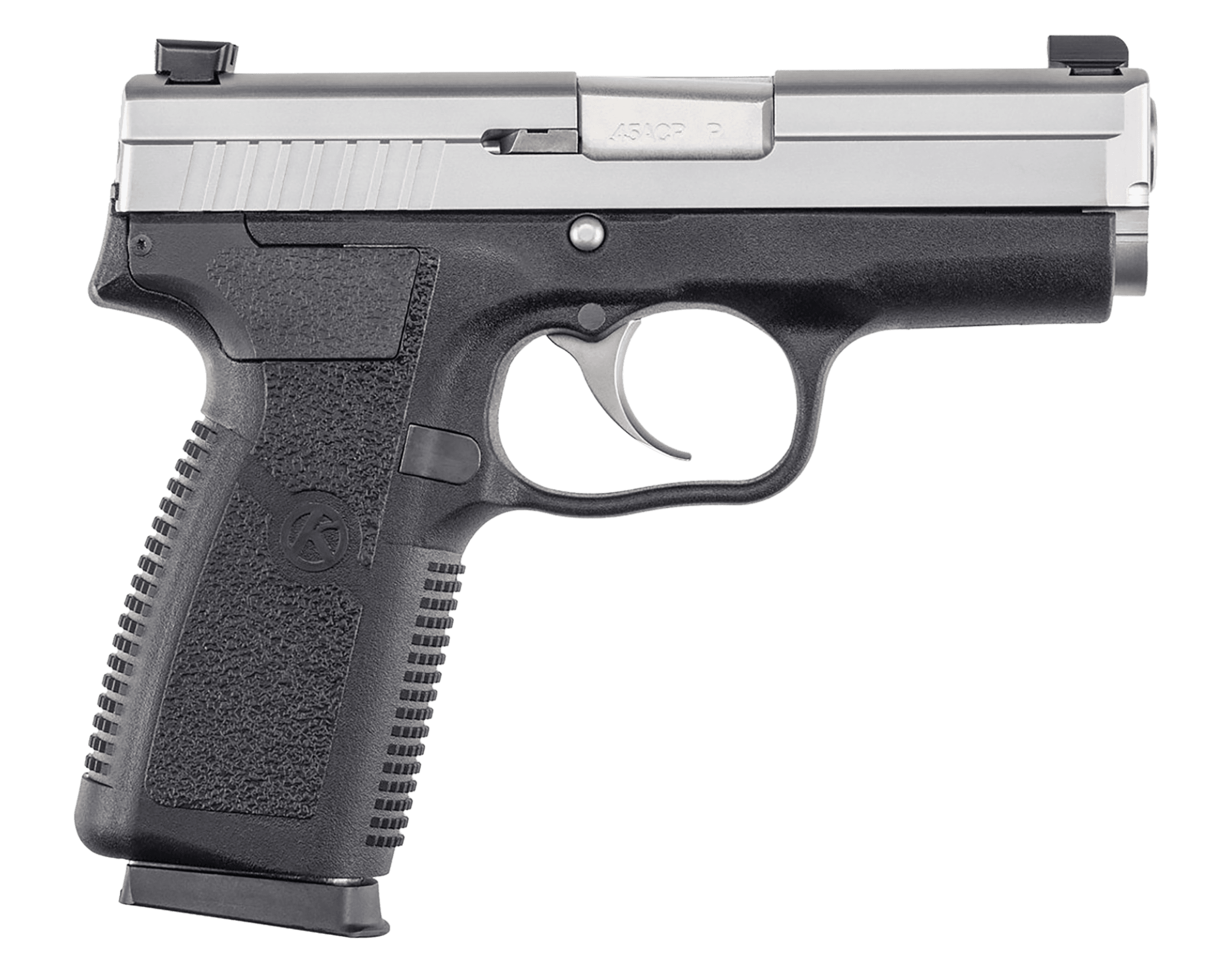 Kahr Arms KP4543N P *CA Compliant 45 ACP Caliber with 3.40" Barrel, 6+1 Capacity, Black Finish Frame, Serrated Matte Stainless Steel Slide, Textured Polymer Grip & TruGlo Night Sights