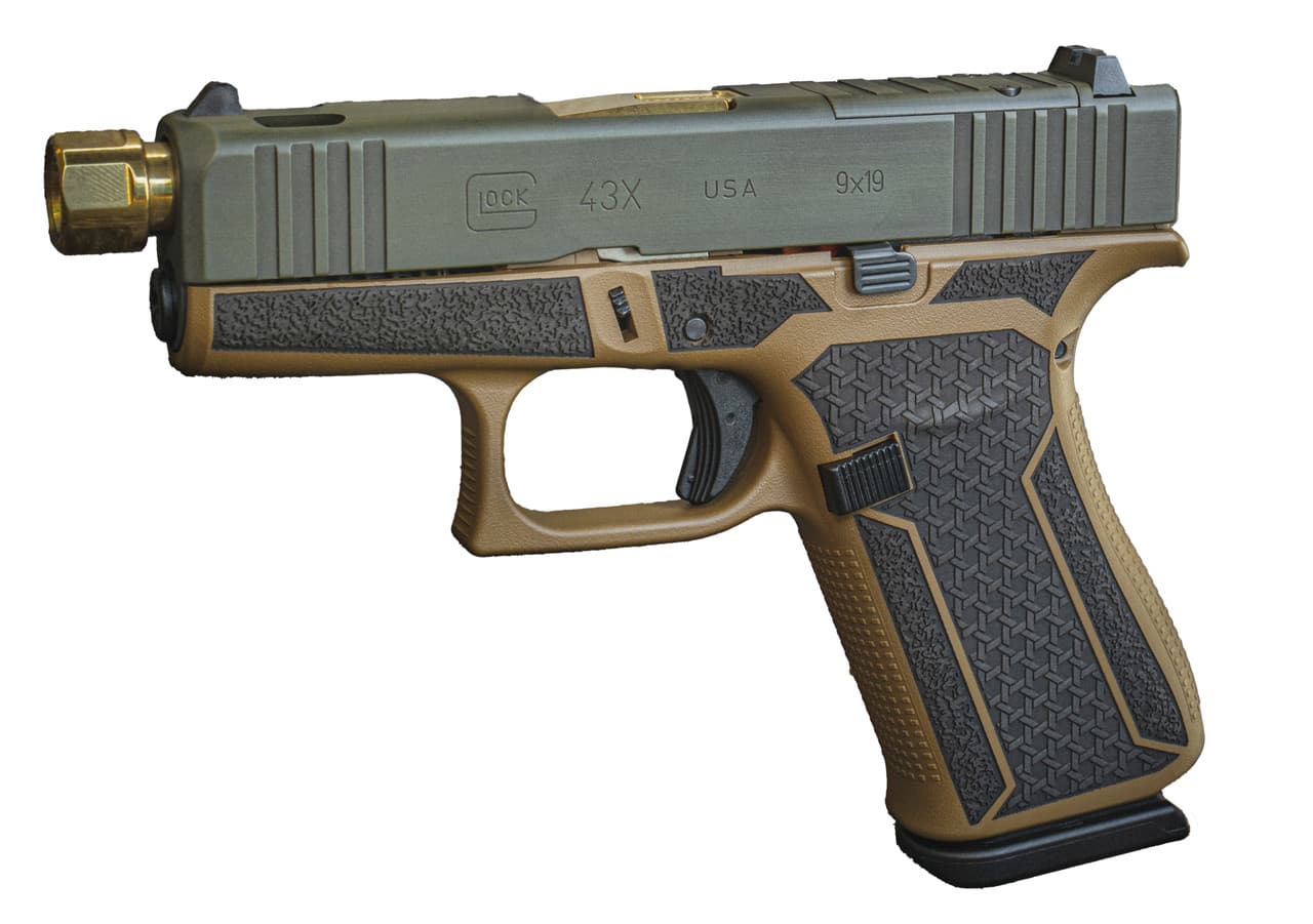Glock G43X Mos 9mm Luger 3.4in 10rd Gold Distressed Green Slide FDE Frame