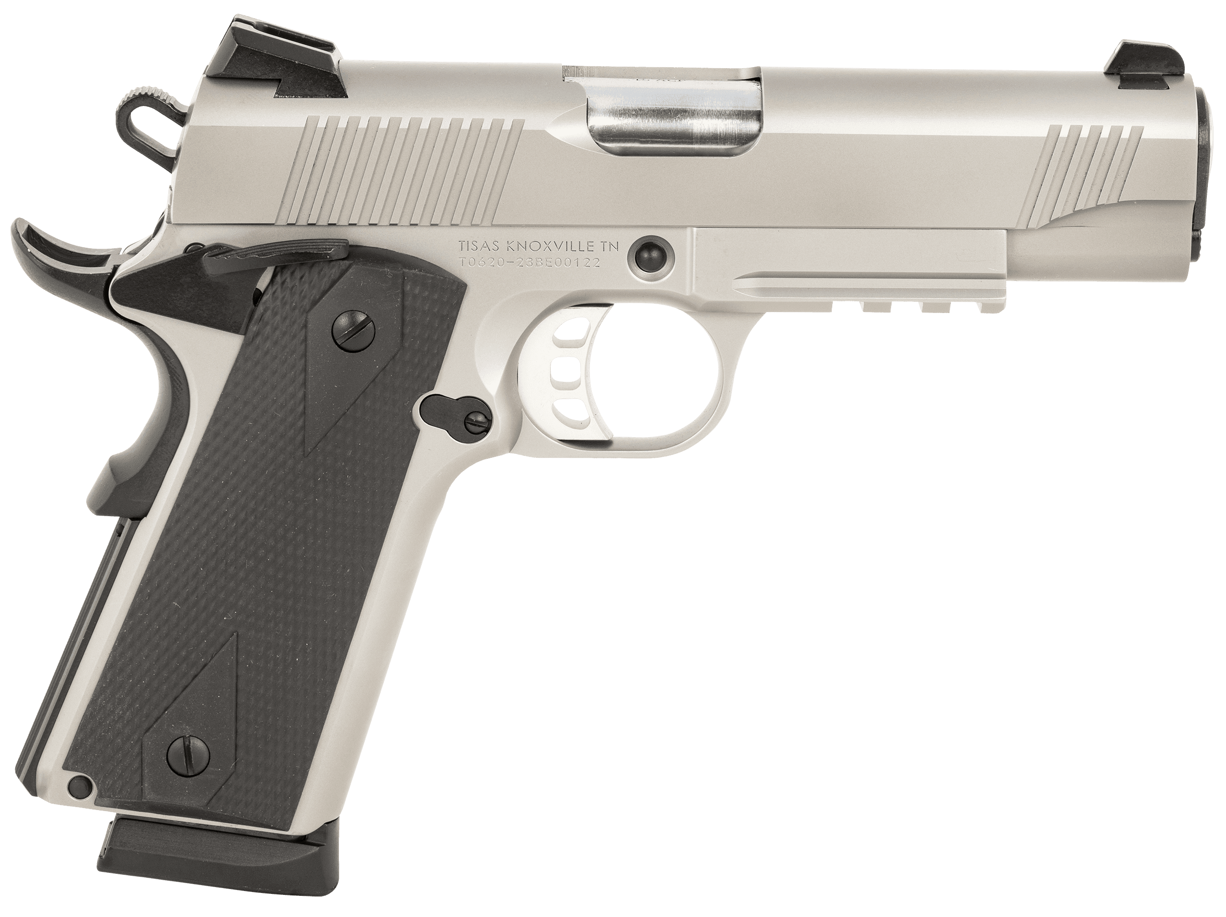 Tisas 10100124 1911 Carry 45 ACP 8+1 4.25" Black Steel Barrel, Satin Stainless Serrated Steel Slide, Stainless Steel Frame w/Accessory Rail & Beavertail Frame, Ambidextrous