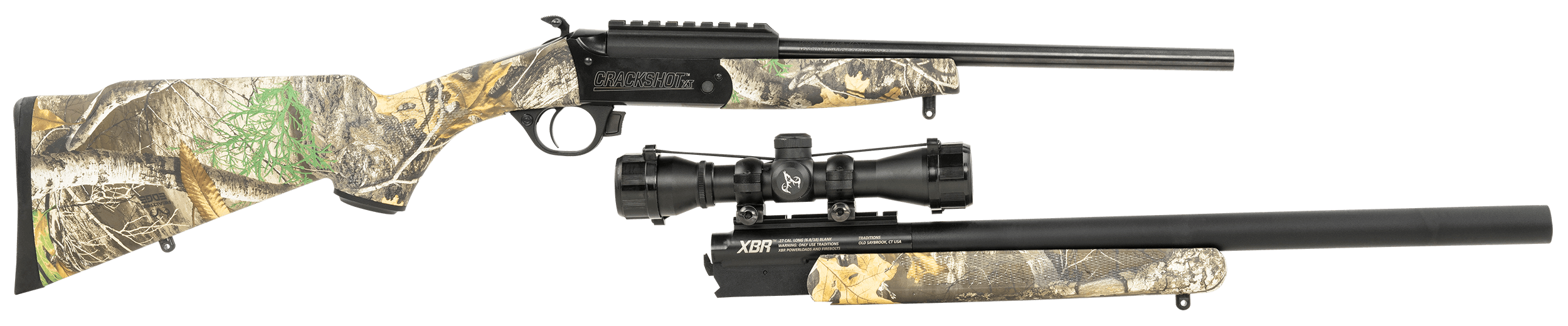 Traditions CRX62200621 Crackshot XBR Package 22 Cal/27 Long Cal 16.50"-20" Blued Barrel, Realtree Edge Stock Includes Two Barrels, 4x32 Scope, Three Firebolt Arrows