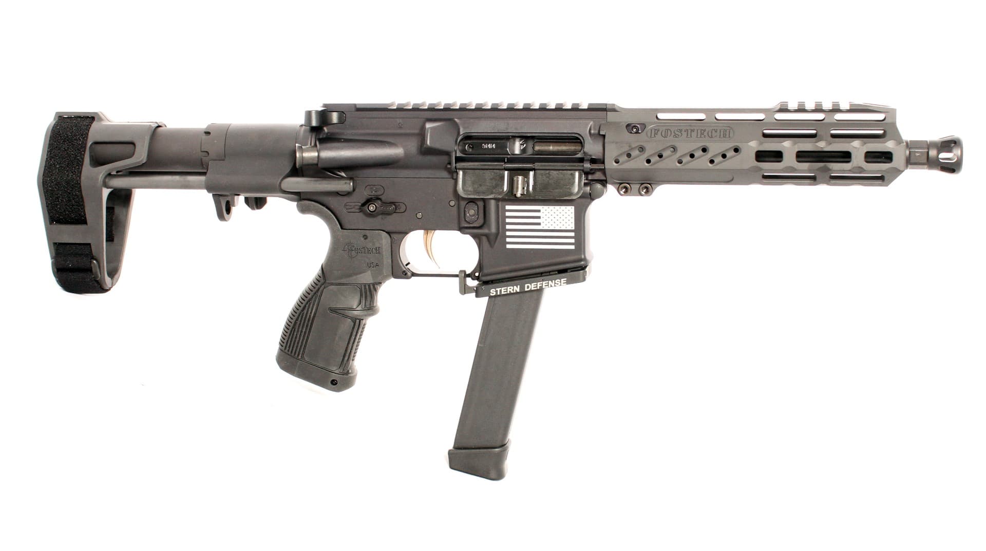 Fostech Bradley Fighting Tech-15 Pistol - Black | 9mm | 7.5" Barrel | 7" Mach-ll Rails | PDW Brace | Installed Echo-ll Trigger