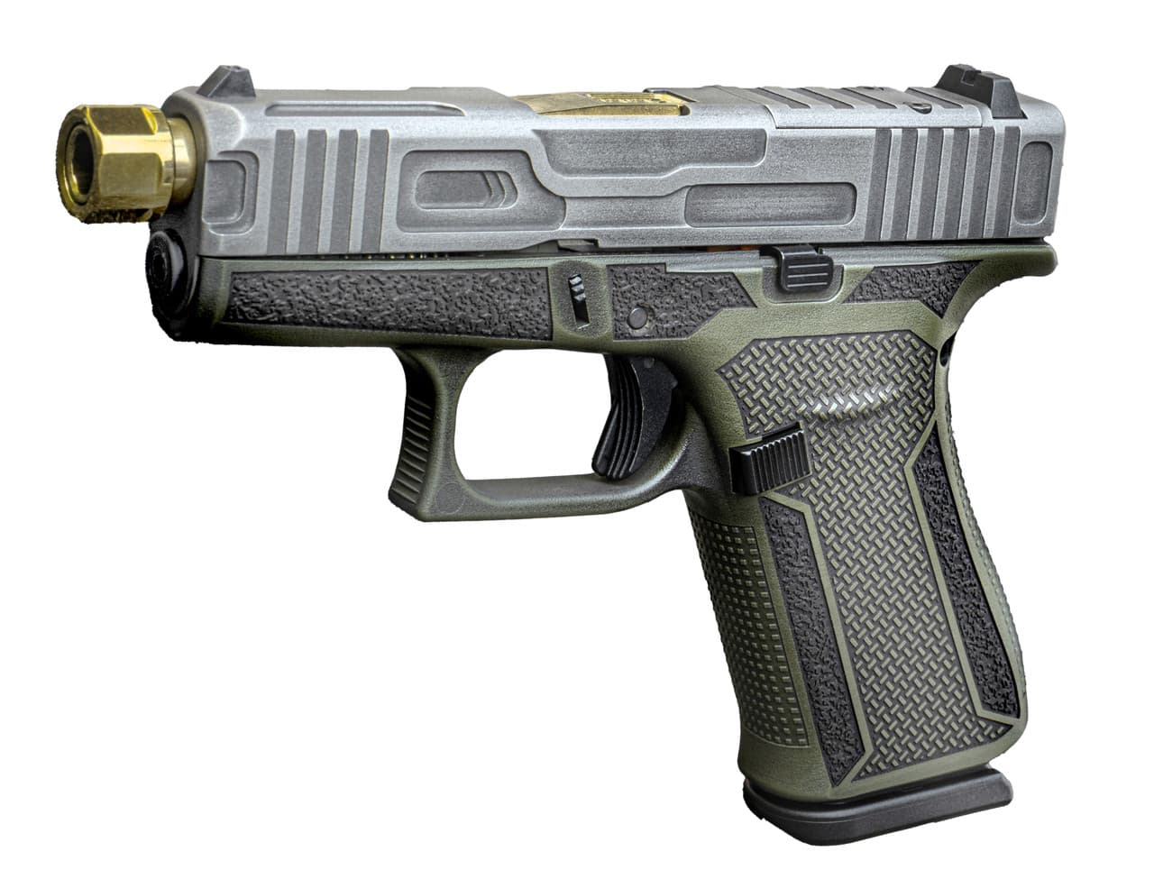 Glock G43X 9mm Luger 3.4in Barrel 10rd Distressed ODG Frame Distressed Silver Slide Gold Threaded