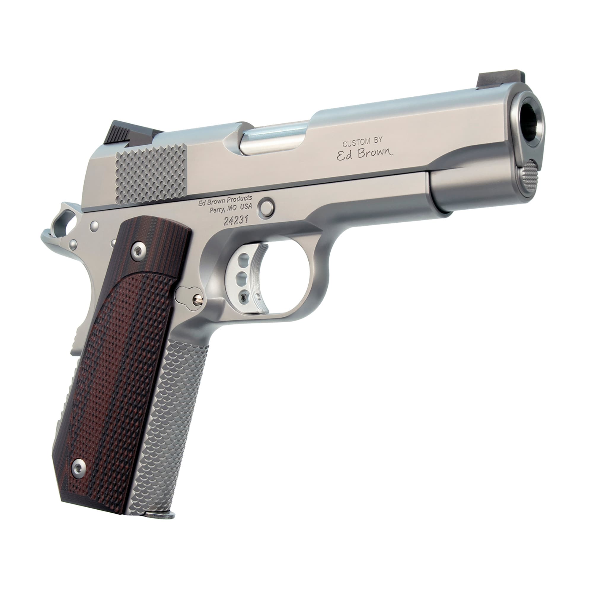 Ed Brown KC18SS 1911 Kobra Carry Serrated Frame 45 ACP 7+1 4.25" Stainless Recessed Crown Barrel, Matte Stainless Serrated Steel Slide & Frame, Laminate Wood Grip,