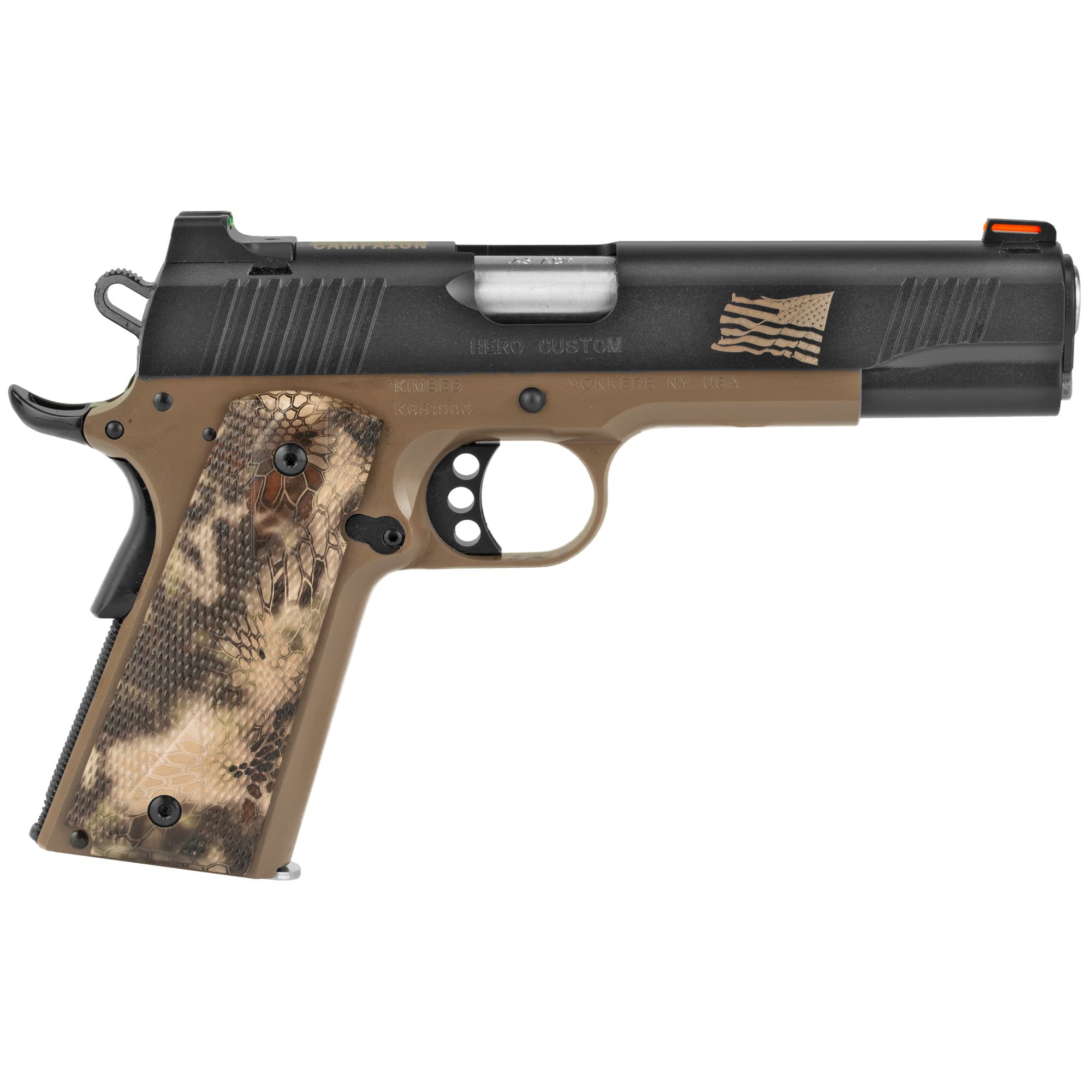 Kimber Mfg.,inc 3200383 Hero Custom II Boot Campaign 45ACP 7+1 5" KimPro II Front Serrations Stainless Steel Slide Desert Tan KimPro II Composite Kryptek Highlander Grip
