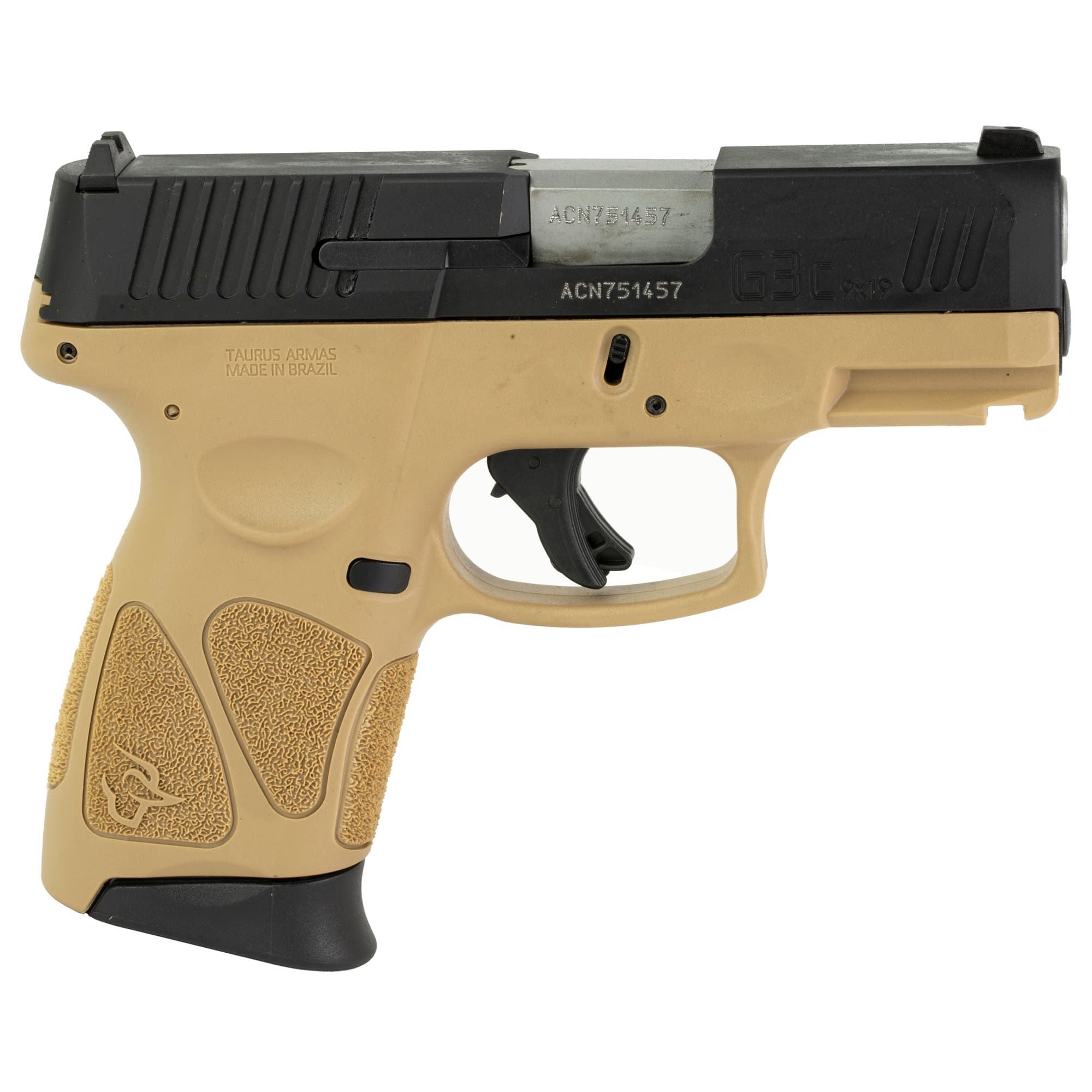 Taurus 1G3C931T G3C  Compact Frame 9mm Luger 12+1 3.26" Matte Stainless Steel Barrel, Matte Black Tenifer Serrated Steel Slide, Tan Polymer Frame w/Picatinny Rail, Black Polymer Grip, Right Hand