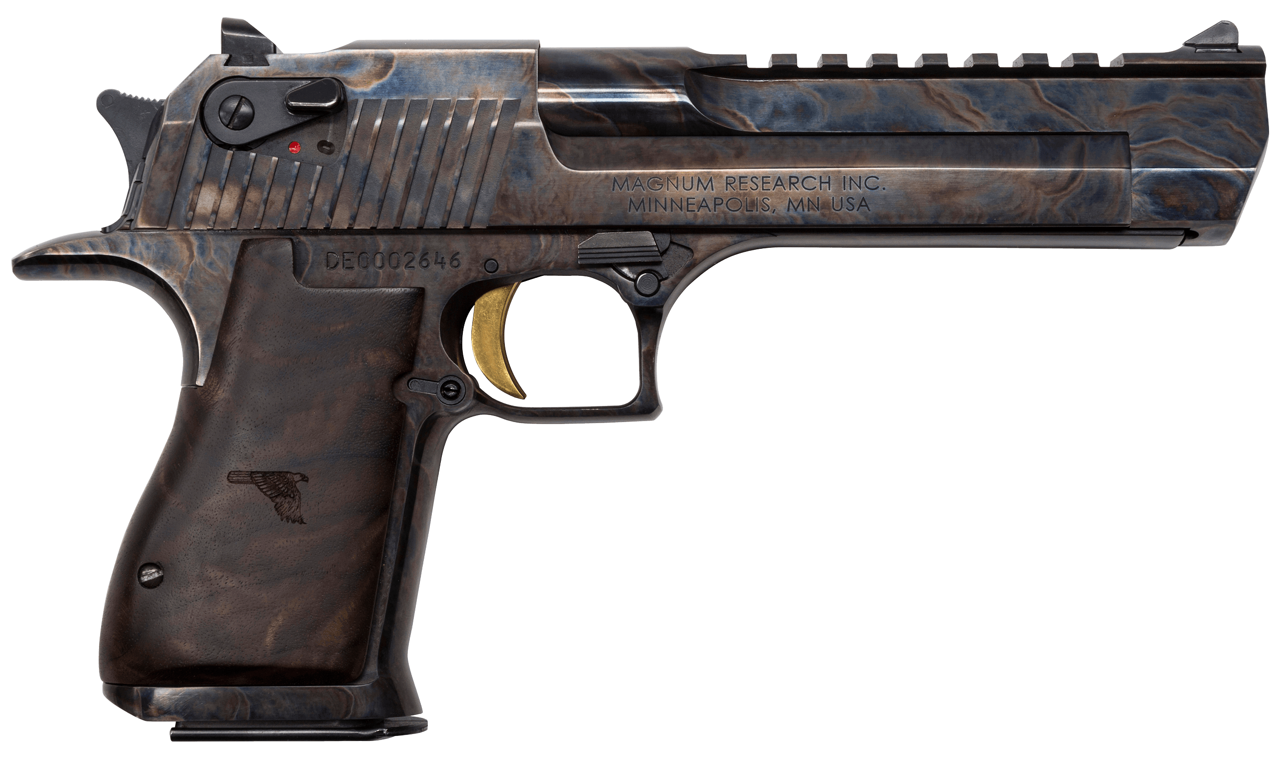Magnum Research DE357CH Desert Eagle Mark XIX 357 Mag 6" 9+1 Color Case Hardened Carbon Steel with Clear Cerakote Frame & Slide Walnut with Engraved Desert Eagle Logo Grip