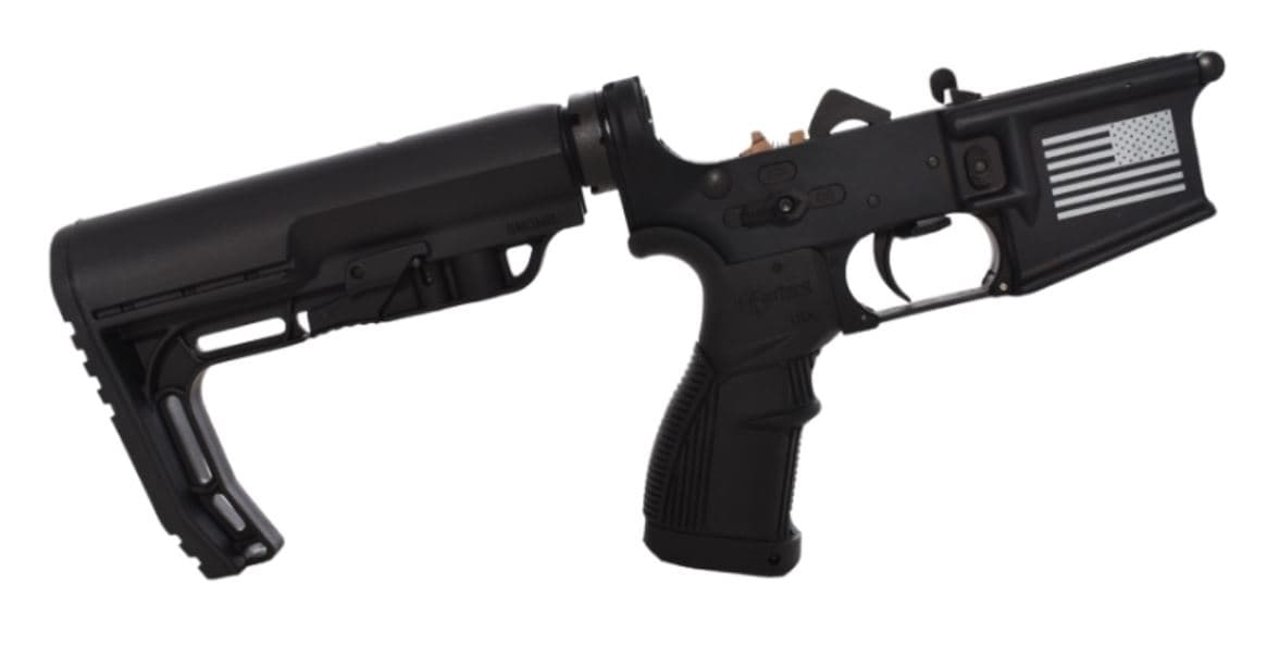 FosTech Complete Tech-15 Forged AR-15 Lower Receiver - Black | Flag Logo | MFT Minimalist Stock | Installed Echo Sport Trigger