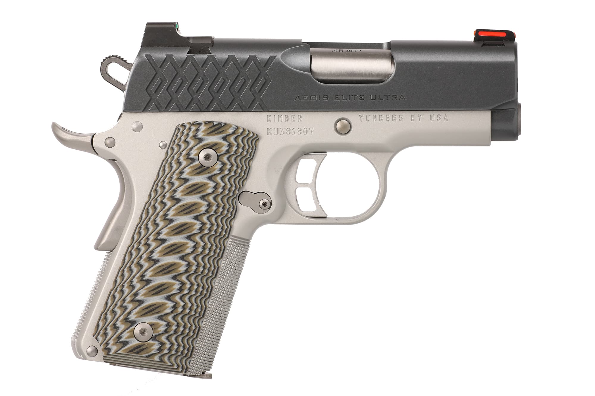 Kimber Mfg.,inc 3000356 Aegis Elite Ultra 45 ACP 7+1 3" Ramped Barrel Matte Black KimPro II Fixed Fiber Optic Front Stainless Steel Slide Satin Silver Round Heel G10 Grip