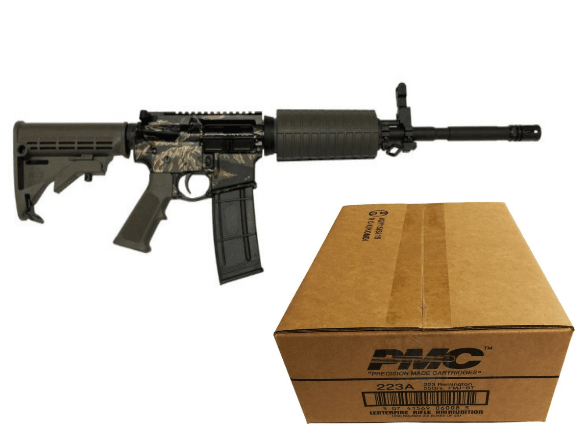 R Guns TRR15 Forged AR15 Rifle - Tiger Stripe Camo| 5.56NATO | 16" Barrel | A2 Handguard | M4 Butttock | A2 Flash Hider Bundled w/ PMC Bronze .223 Remington Rifle Ammo - 55 Grain | FMJ-BT | 1 Case (50 boxes)