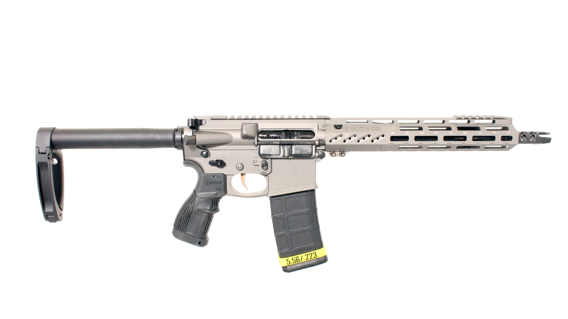 FosTech Tiger AR-15 Pistol - Tungsten | 5.56NATO | 10.5" SOCOM Profile Barrel | 10" Mach-ll Rail | Stake Brake Muzzle Device | Tail Hook Brace | Installed Echo-ll Trigger