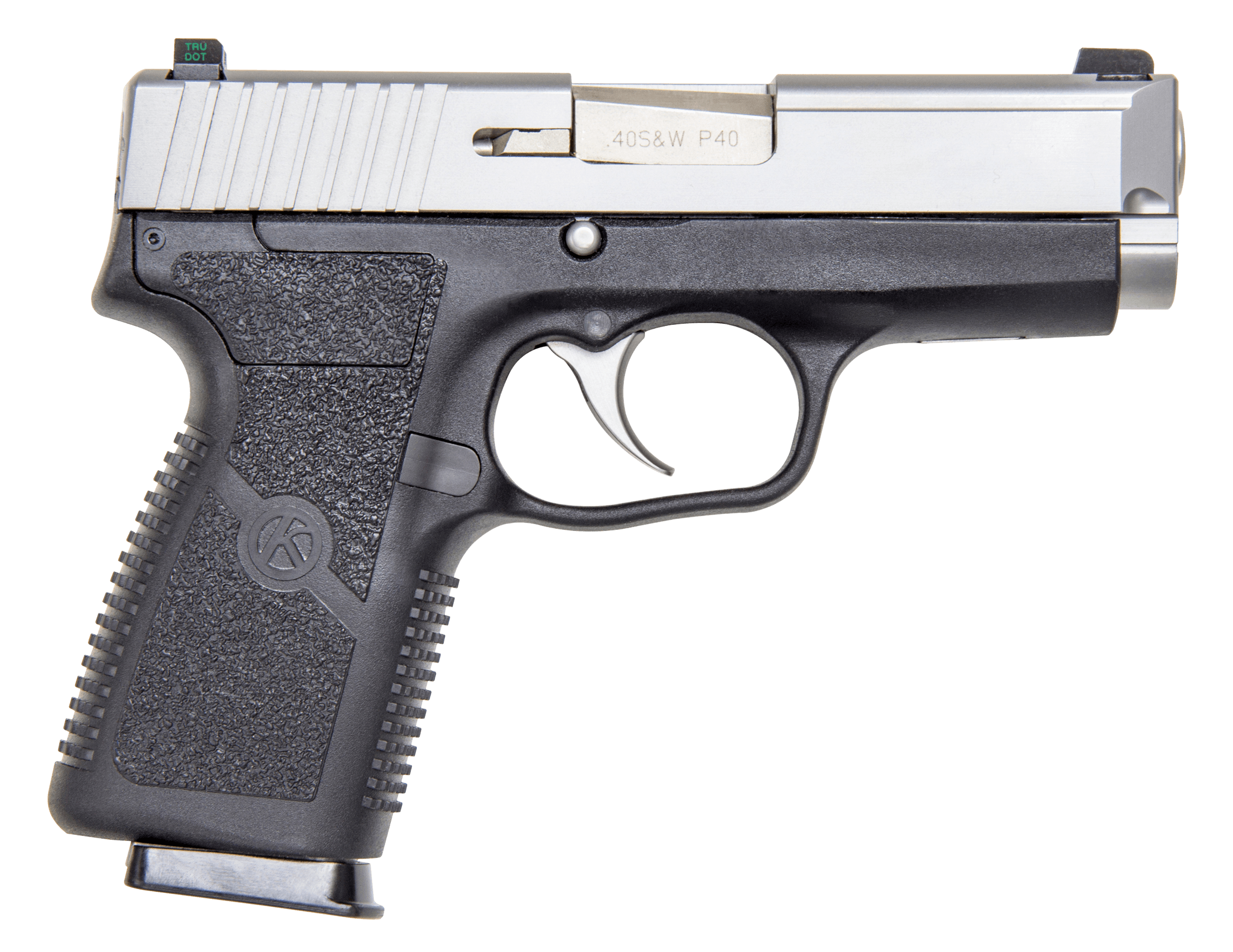 Kahr Arms KP4043NA P  40 S&W Caliber with 3.60" Barrel, 7+1 Capacity, Black Finish Frame, Serrated Matte Stainless Steel Slide, Textured Polymer Grip & TruGlo Night Sights