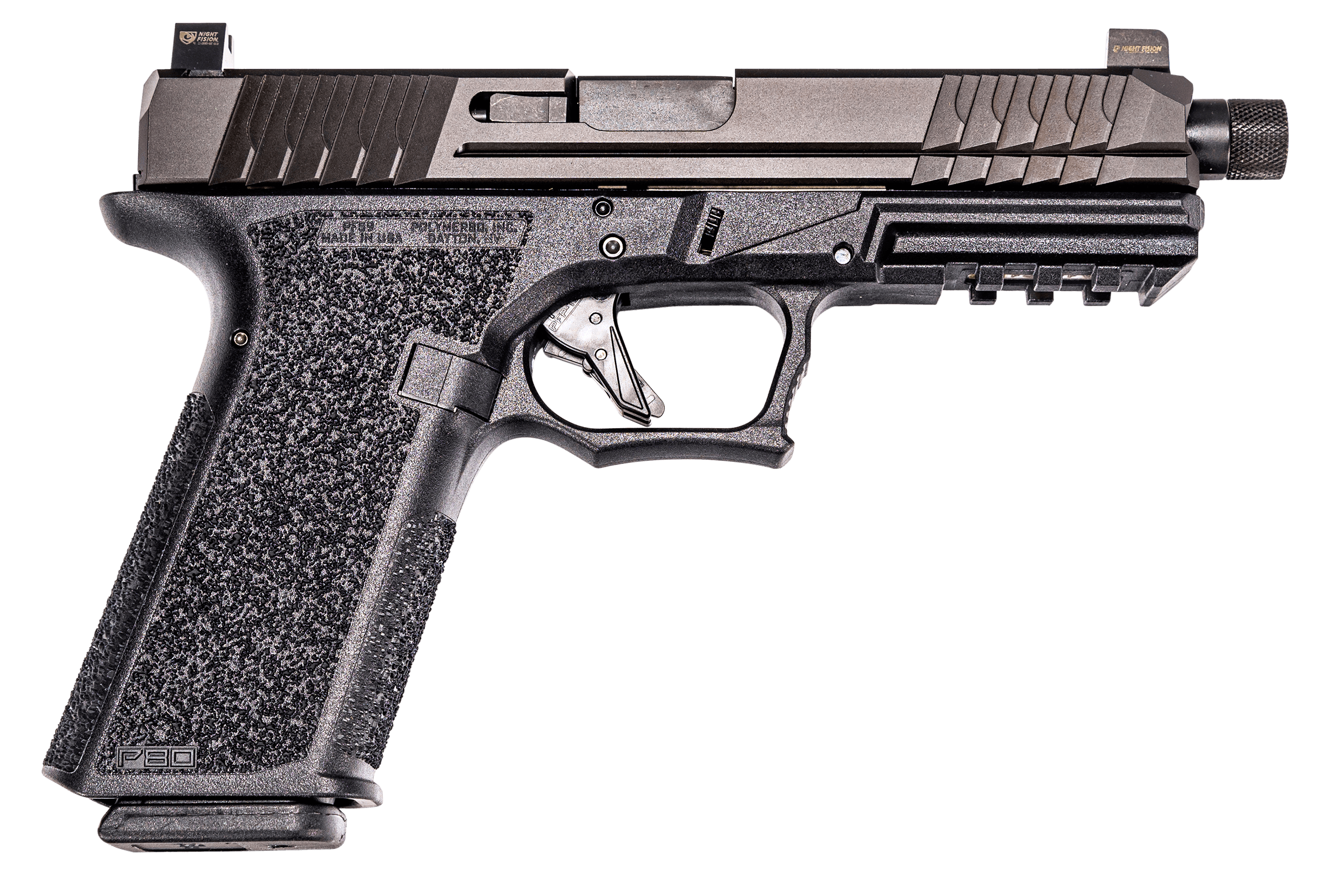 Polymer80 PFS9TFNSBLK PFS9 Full-Size 9mm Luger 17+1 4.49" Fluted, Threaded Barrel Black Nitride Serrated Slide Black Polymer Frame w/Picatinny Rail Black Aggressive Textured Polymer Grips