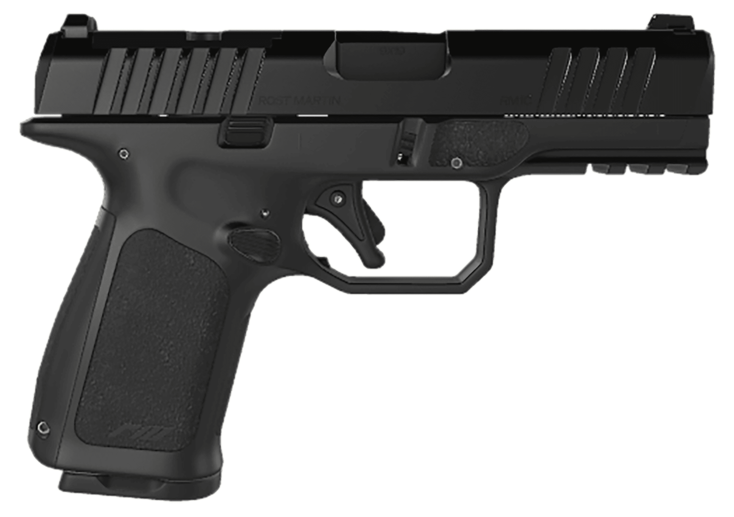 Rost Martin RM1CBLKOSP15 RM1C  Compact Frame 9mm Luger 15+1, 4" Black Steel Barrel, Black Tenifer Optic Ready/Serrated Steel Slide, Black Polymer Frame w/Picatinny Rail & RGT Grip, Ambidextrous