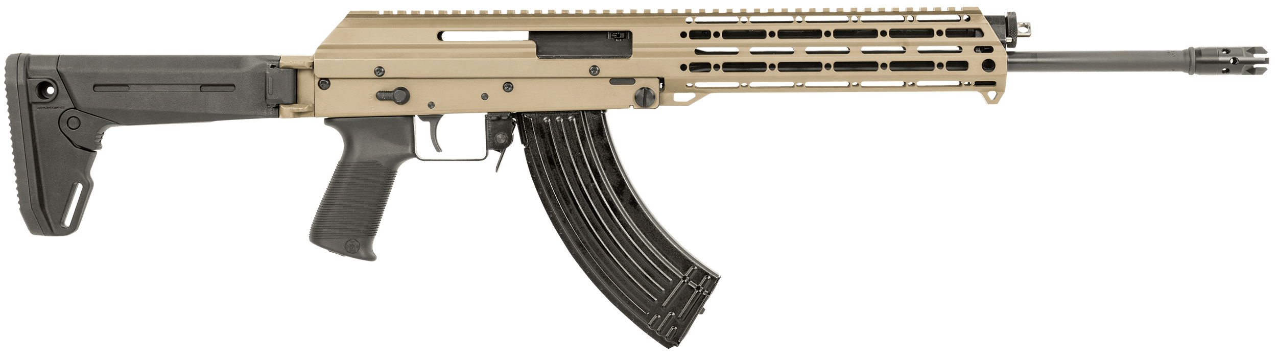 M+M Industries M10XPLUSFDE M10X Plus 7.62x39mm 30+1 16.50" Chrome Lined Barrel, FDE Rec & Black Furniture, Chaos Muzzle Brake, M-LOK Handgaurd, Magpul Zhukov Folding Stock, Gen 3 Grip, Ambi Controls