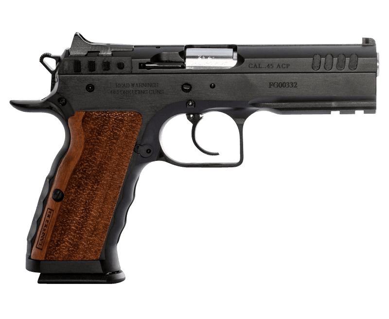 Tanfoglio IFG TF-STOCKI-45 Defiant Stock I 45 ACP Caliber with 4.50" Barrel, 10+1 Capacity, Overall Black Finish Steel, Picatinny Rail/Beavertail Frame, Serrated Slide & Wood Grip