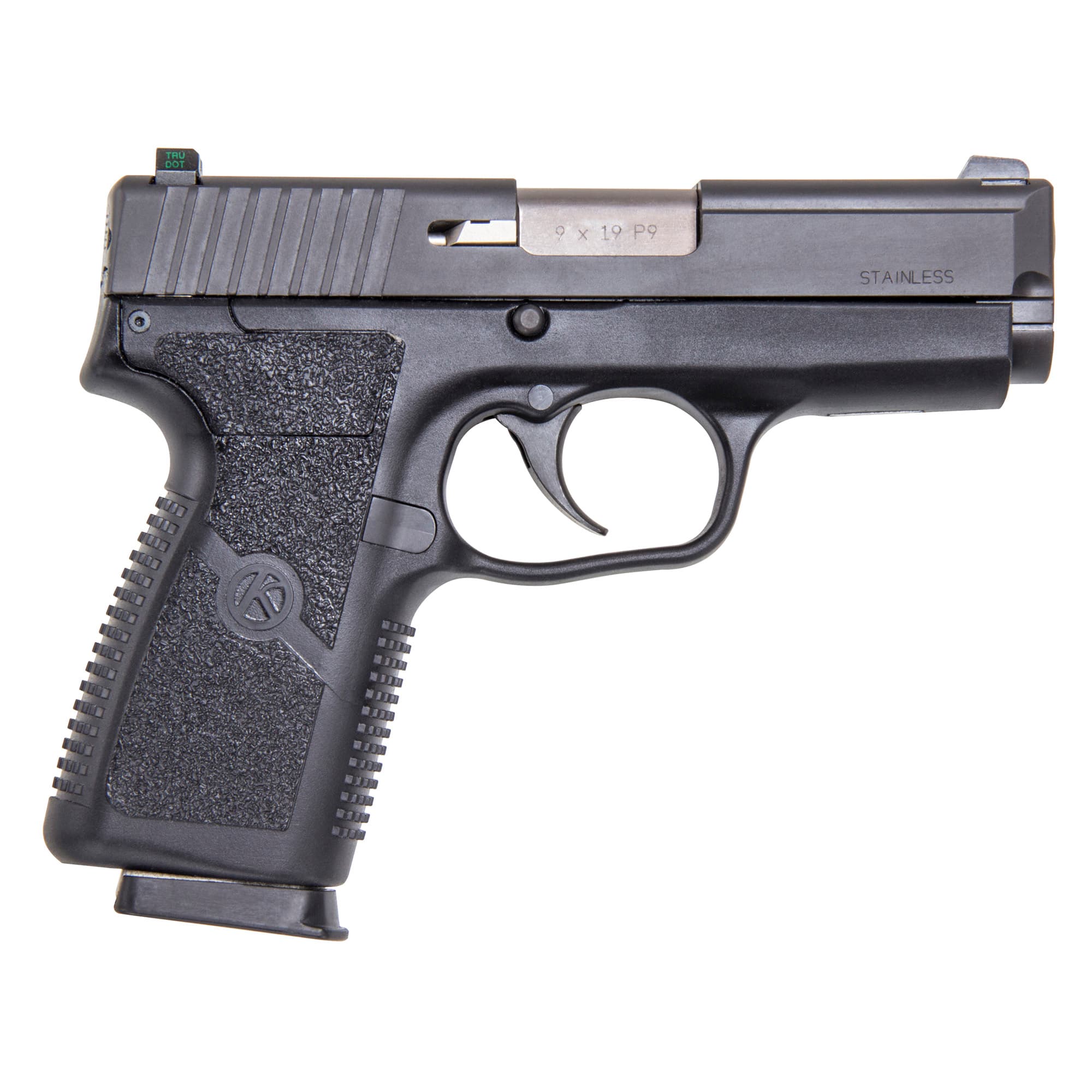 Kahr Arms KP9094N P *CA Compliant 9mm Luger Caliber with 3.60" Barrel, 7+1 Capacity, Black Finish Frame, Serrated Matte Black Stainless Steel Slide, Polymer Grip & TruGlo Night Sigts
