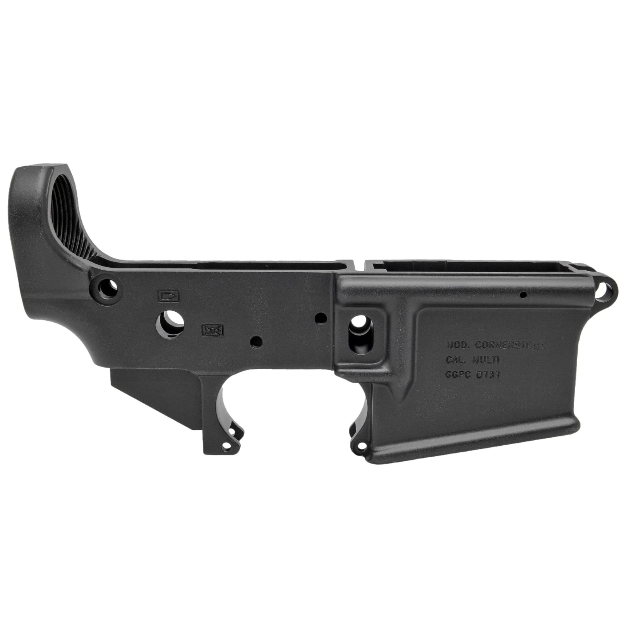 Grey Ghost Precision GGPC Cornerstone  Lower Receiver Multi-Caliber, 7075-T6 Aluminum w/Black Anodized Finish, Nylon Tipped Tensioning Screw, Flared Mag Well