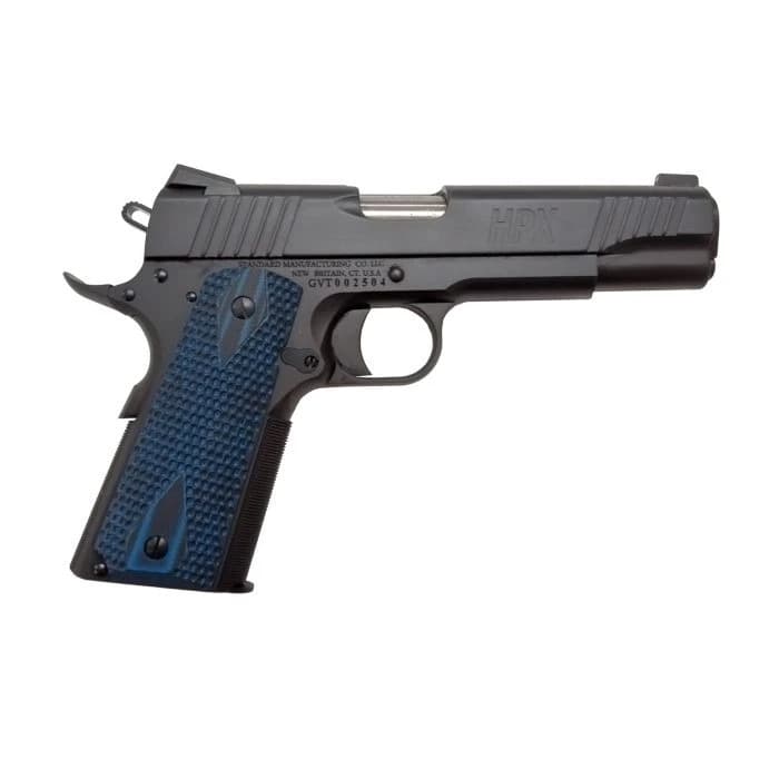 Standard Manufacturing 1911 HPX Pistol - Sandblast Finish | .45ACP | 5" Stainless Barrel | 7rd | Front Slide Serrations | Honeycombed Blue / Black Grips