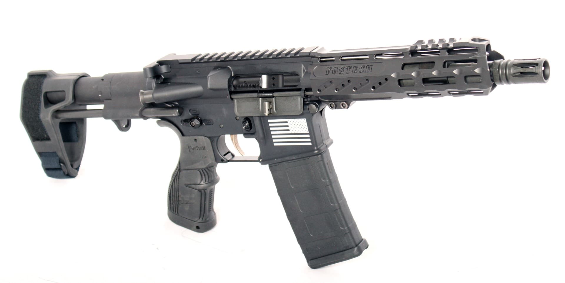 Fostech Bradley Fighting AR-15 Pistol - Black | .556 NATO | 7.5" Barrel | 7" Mach-ll Rails | Installed Forged Upper & Lower Receiver | PDW Brace | Installed Echo-ll Trigger