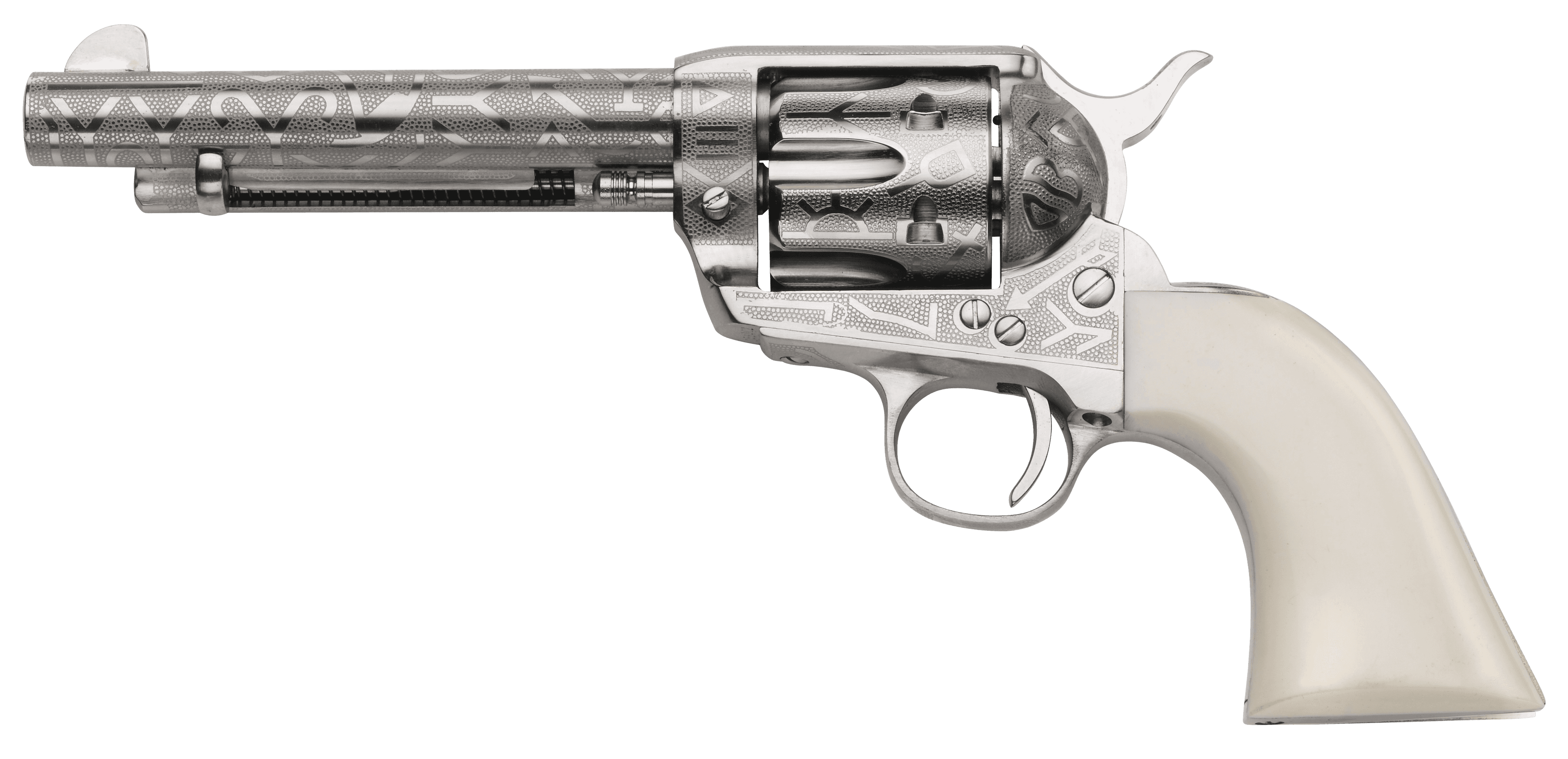Taylors & Company 200061 1873 Cattle Brand 45 Colt (LC) Caliber with 5.50" Barrel, 6rd Capacity Cylinder, Overall Nickel-Plated Engraved Finish Steel & Ivory Synthetic Grip