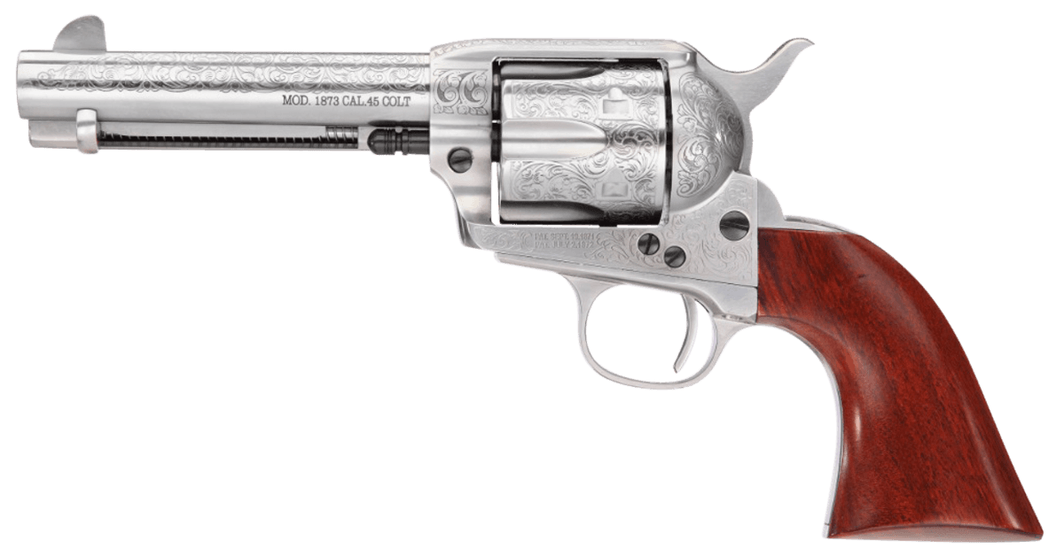 Taylors & Company 550928 1873 Cattleman 357 Mag Caliber with 4.75" Barrel, 6rd Capacity Cylinder, Overall White Floral Engraved Finish Steel & Walnut Grip