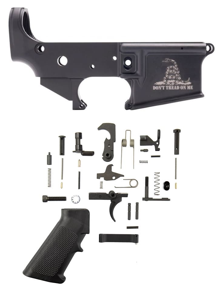 Anderson AM-15 Forged Stripped AR15 Lower Receiver - Black | Don't Tread On Me Logo | Retail Packaging Bundled w/ Tactical Superiority AR-15 Lower Parts Kit