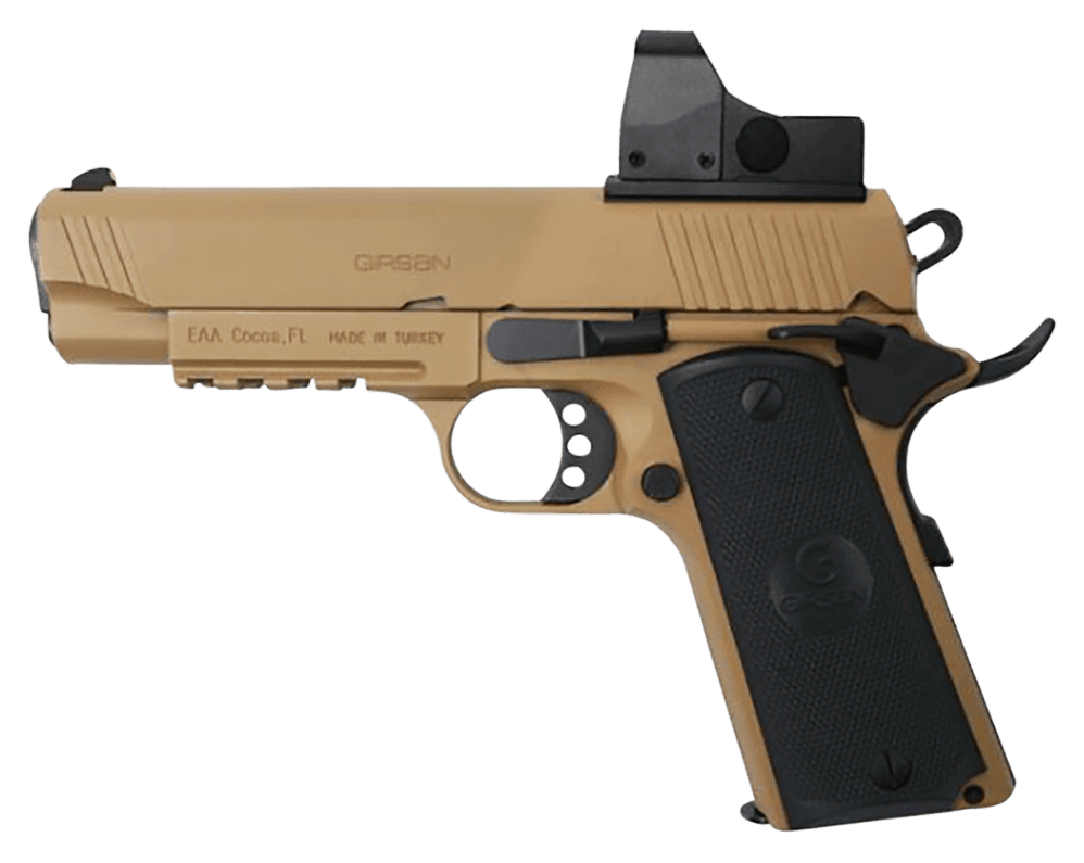 EAA GIRSAN 390075 MC1911 C TV Carry Frame 45 ACP 8+1, 4.40" Black Steel Barrel, Desert Earth Serrated Slide & Steel Frame w/Beavertail & Picatinny Rail, EAA Far-Dot, Ambidextrous