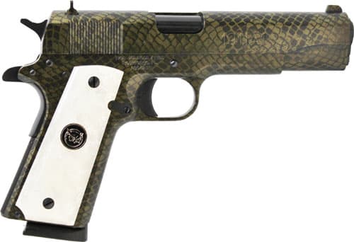 Iver Johnson Arms 1911A1WATERMOCCASIN 1911 A1 Water Moccasin 45 ACP 8+1 5" Black Steel Barrel, Green Snakeskin Hydrographic Serrated Steel Slide & Frame w/Beavertail, White Synthetic Pearl Grip