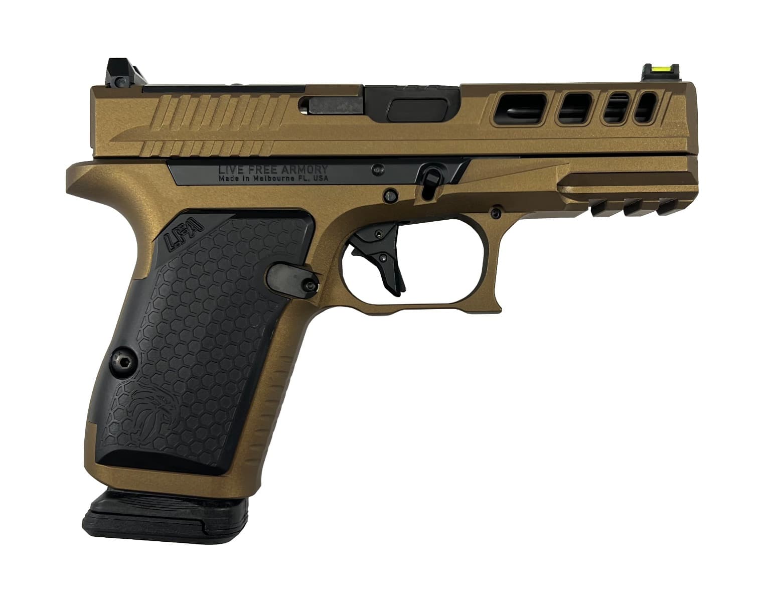 Live Free Armory AMP Compact Pistol - Burnt Broze | 9mm | 3.9" Fluted Barrel (Ported) | 15rd | Optic Cut