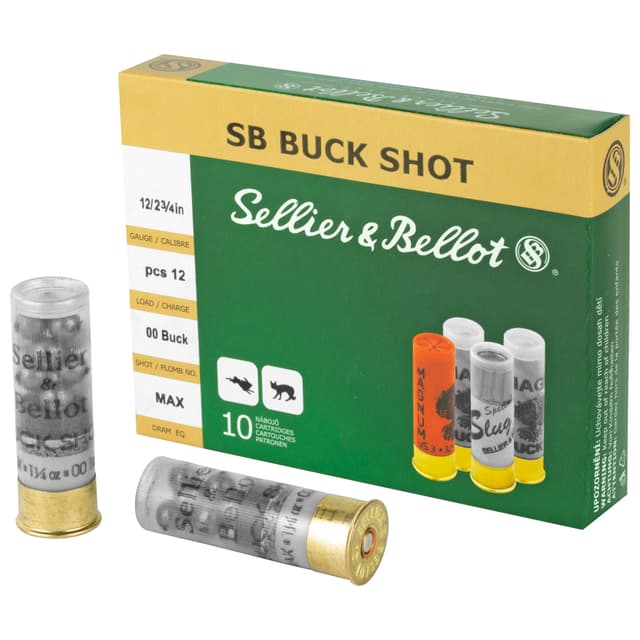 Sellier & Bellot Buckshot Loads 12 Gauge Buckshot 1 1/4 oz 00 Buck 12 Pellets 10 Rounds