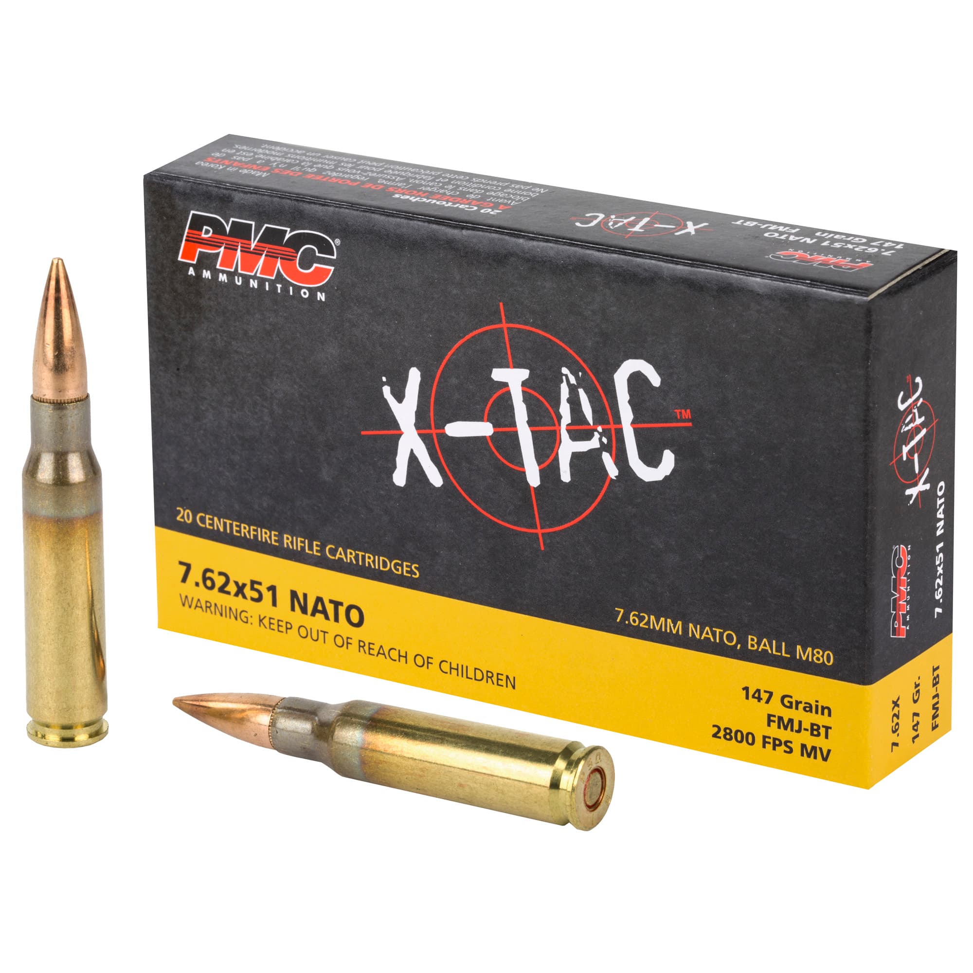 PMC X-TAC 7.62NATO Rifle Ammo - 147 Grain | FMJ-BT | 20rd Box