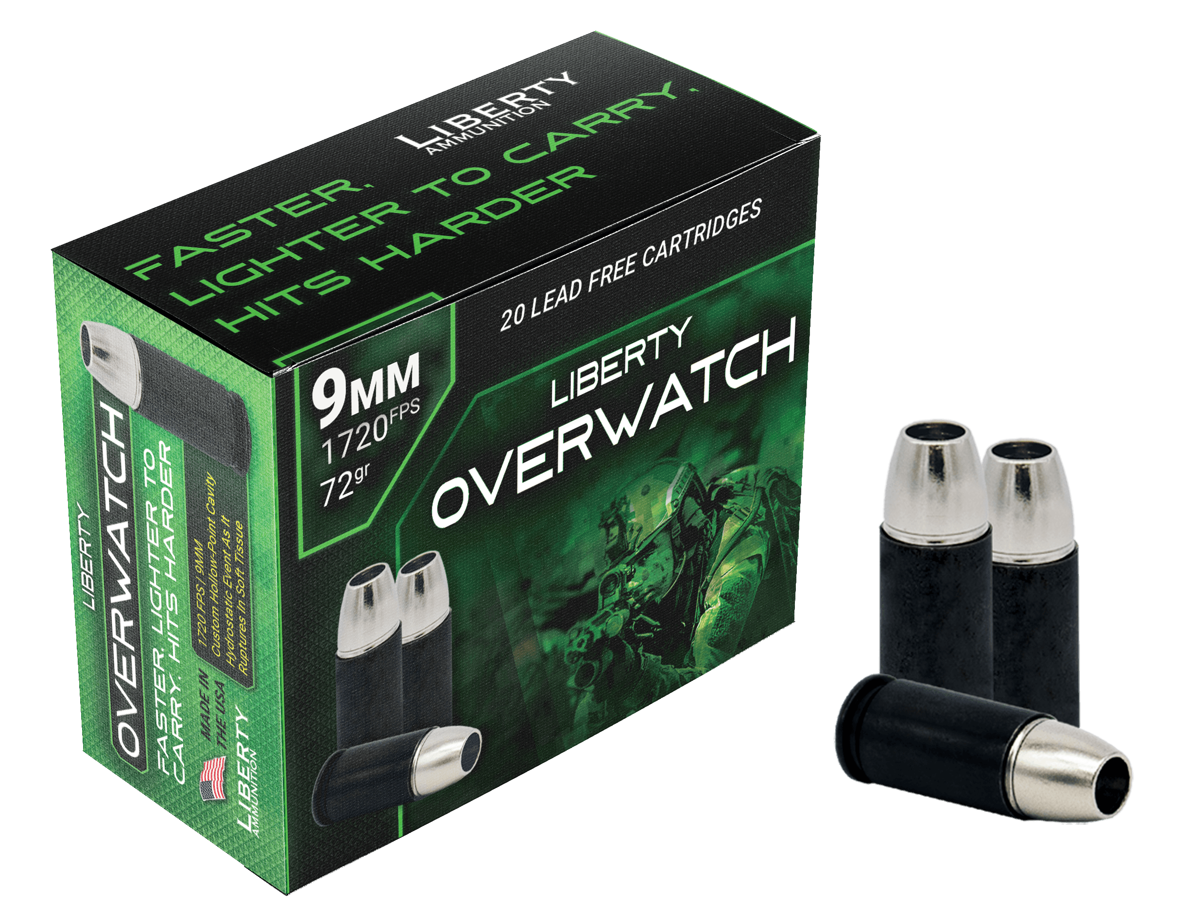 Liberty Ammunition LAOW9MM721700 OverWatch  9mmLuger 72gr Open Cavity Design 20 Rounds