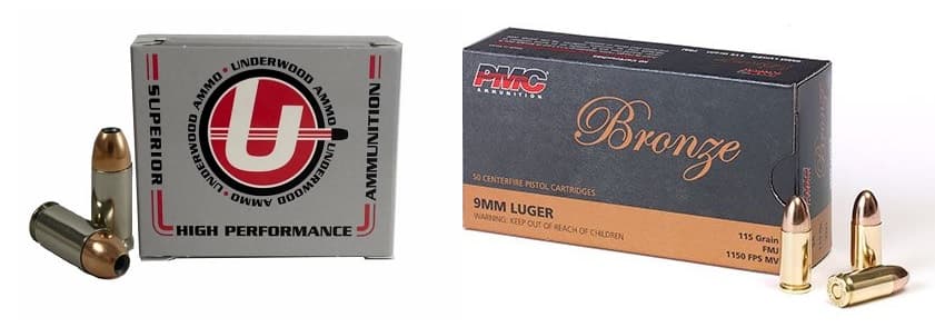 Underwood Ammo 9mm Luger Jacketed Hollow Point 147 Grain 20 Rounds Bundled with PMC Bronze 9mm Luger Full Metal Jacket 115 Grain 50 Rounds