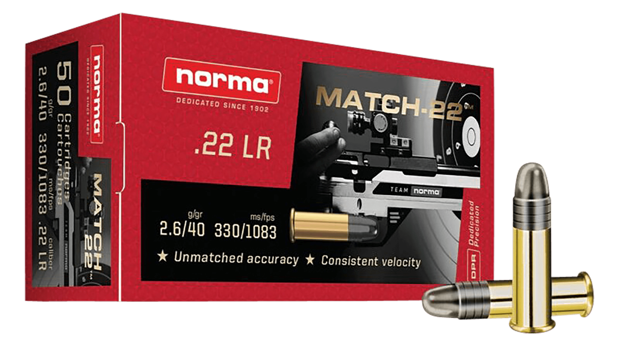 Norma Ammunition 2425076 Dedicated Precision Match 22LR 40gr Lead Round Nose 50 Rounds