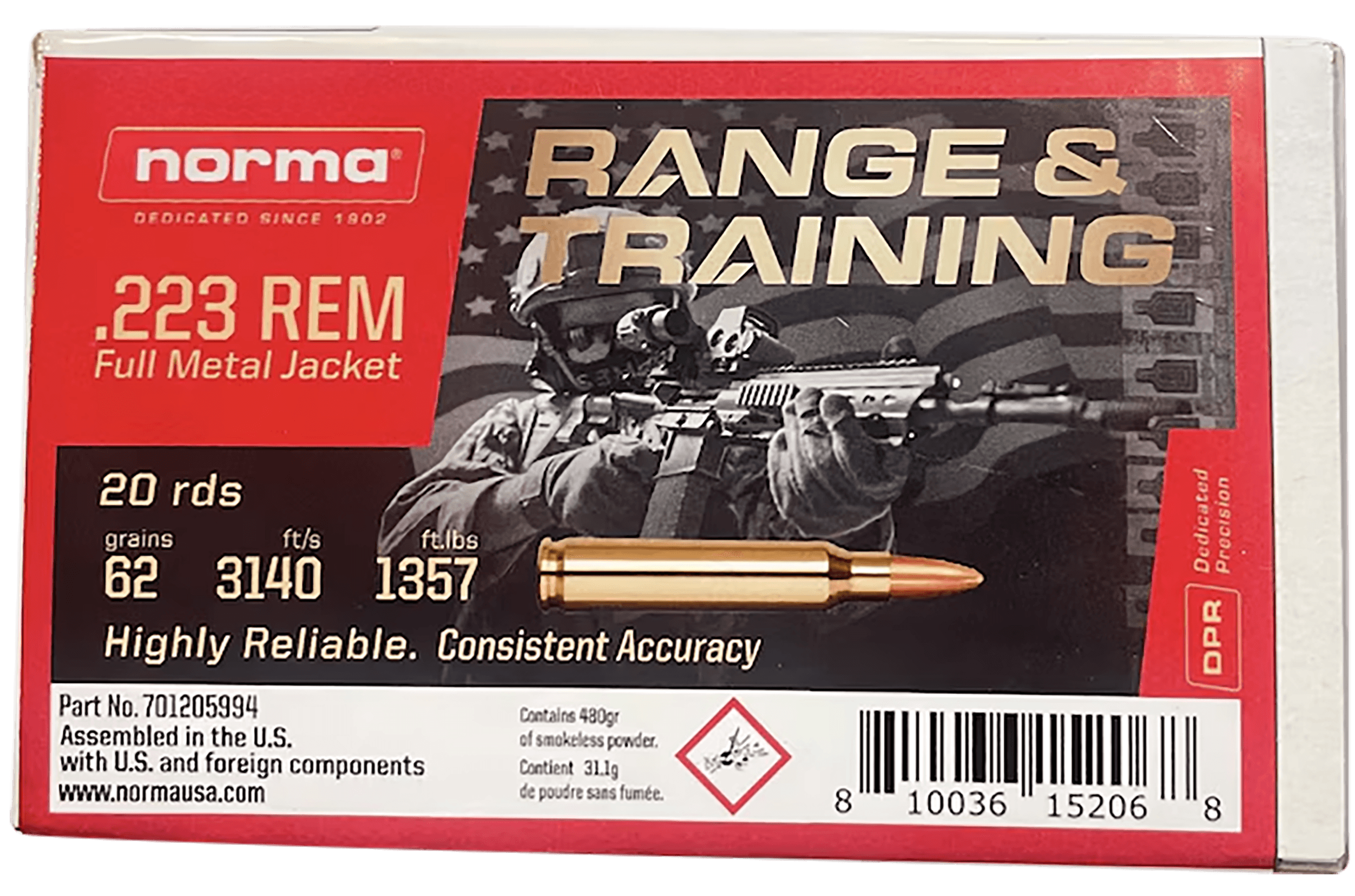 Norma Ammunition 701205994   223Rem 62gr Full Metal Jacket 20 Rounds