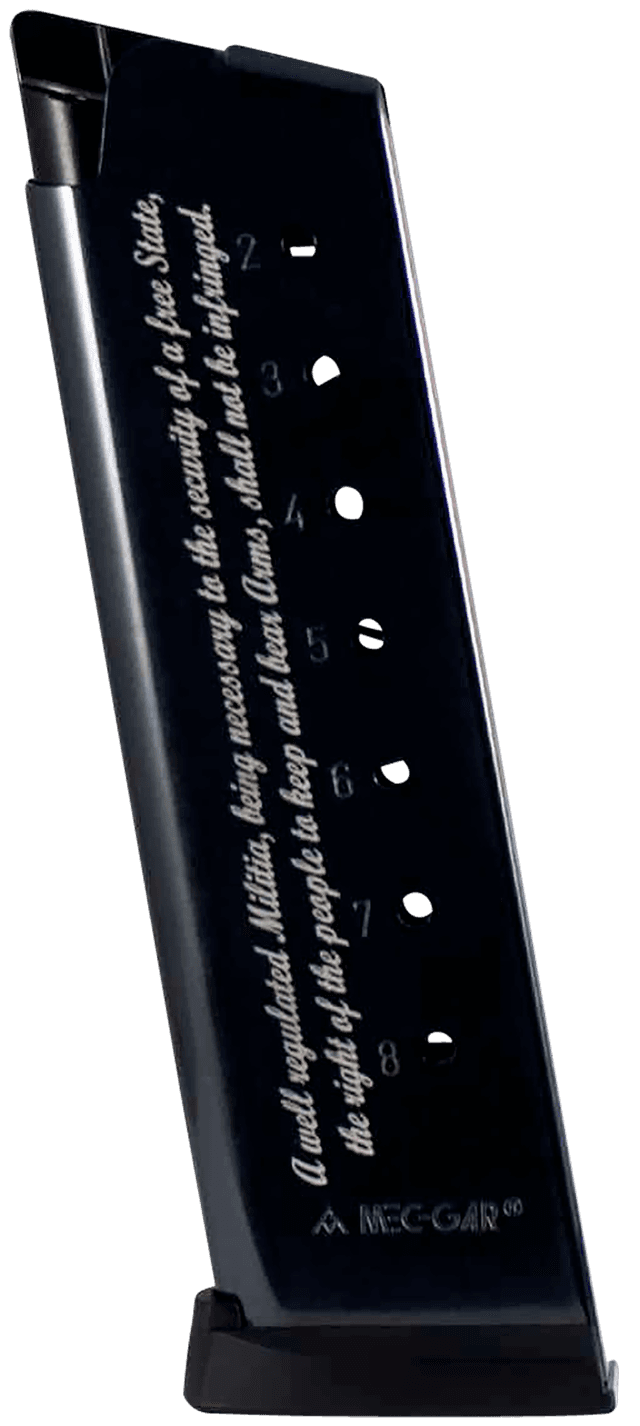 Mec-Gar 1911 Magazine 8rd 45 ACP Blued Carbon Steel 2nd Amendment Engraving