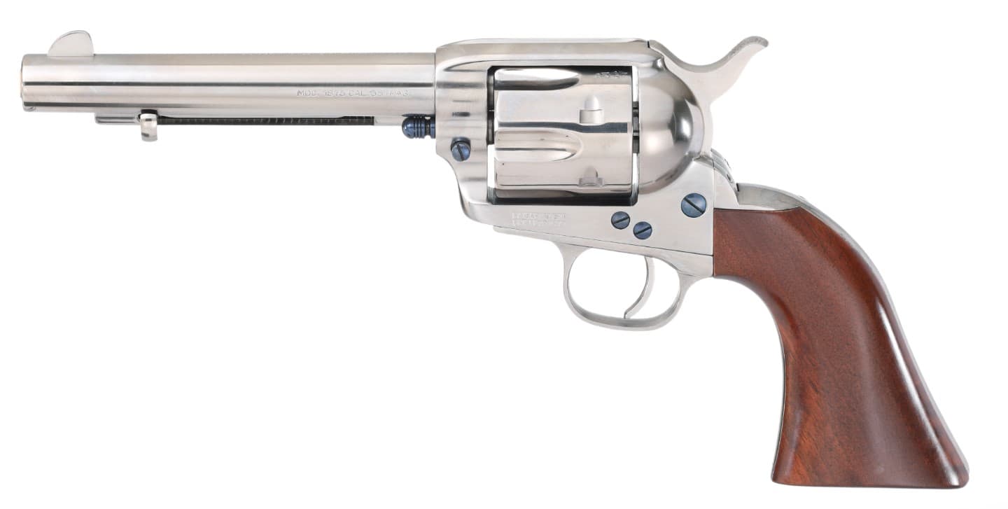 Taylors and Company Gunfighter 45 Colt 5.5 Inch 6 Rounds Nickel Finish Walnut Grips