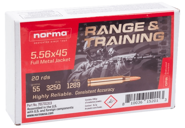 Norma Ammunition 701701313 Range & Training 5.56x45mmNATO 55gr Full Metal Jacket 20 Rounds