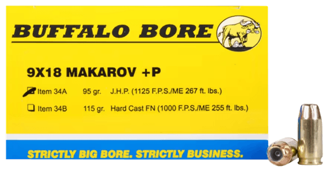 Buffalo Bore Ammunition 34A20 Personal Defense Strictly Business 9x18Makarov +P 95gr Jacket Hollow Point 20 Rounds