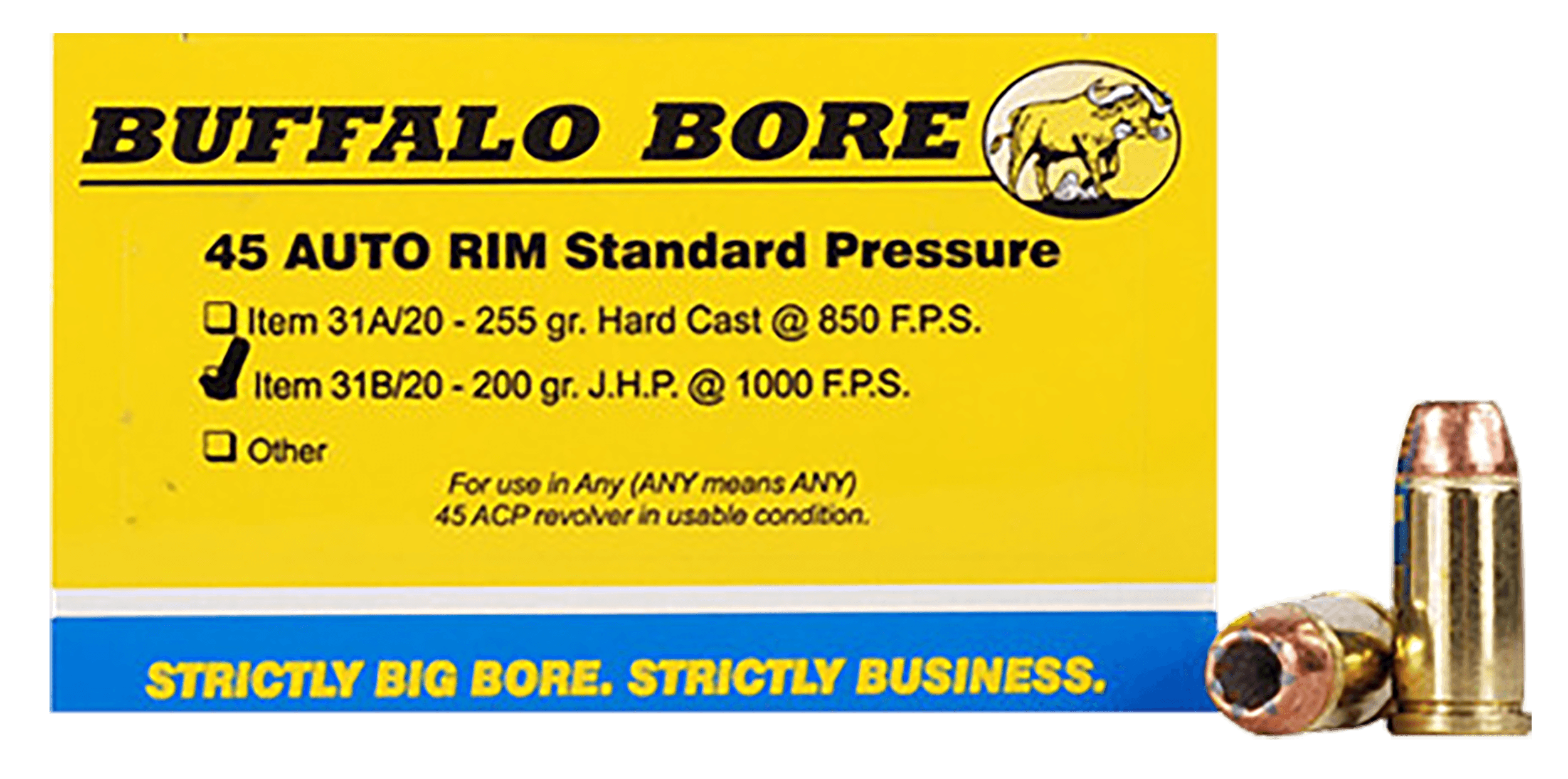 Buffalo Bore Ammunition 31B20 Standard Pressure Strictly Business 45Auto Rim 200gr Jacket Hollow Point 20 Rounds