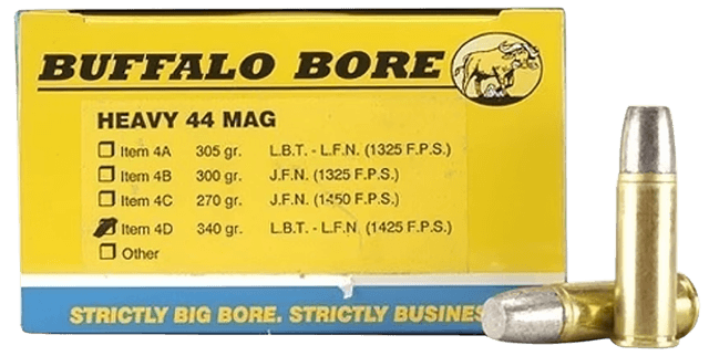 Buffalo Bore Ammunition 4D20 Heavy Strictly Business 44Rem Mag +P+ 340gr Lead Flat Nose 20 Rounds