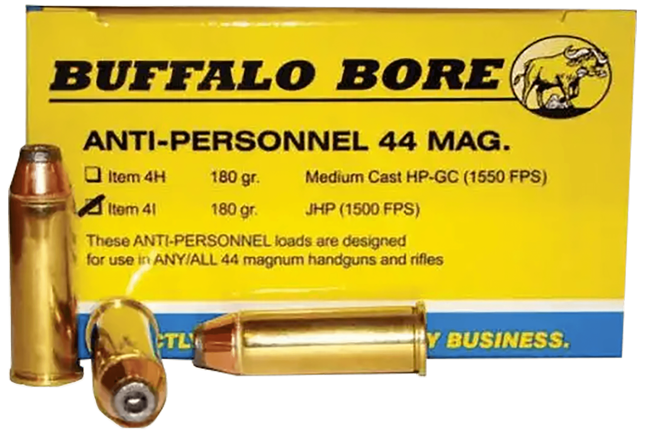 Buffalo Bore Ammunition 4I20 Anti-Personnel Strictly Business 44Rem Mag 180gr Jacketed Hollow Point 20 Rounds