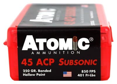 Atomic Ammunition 00439 Pistol Subsonic 45ACP 250gr Bonded Match Hollow Point 50 Rounds