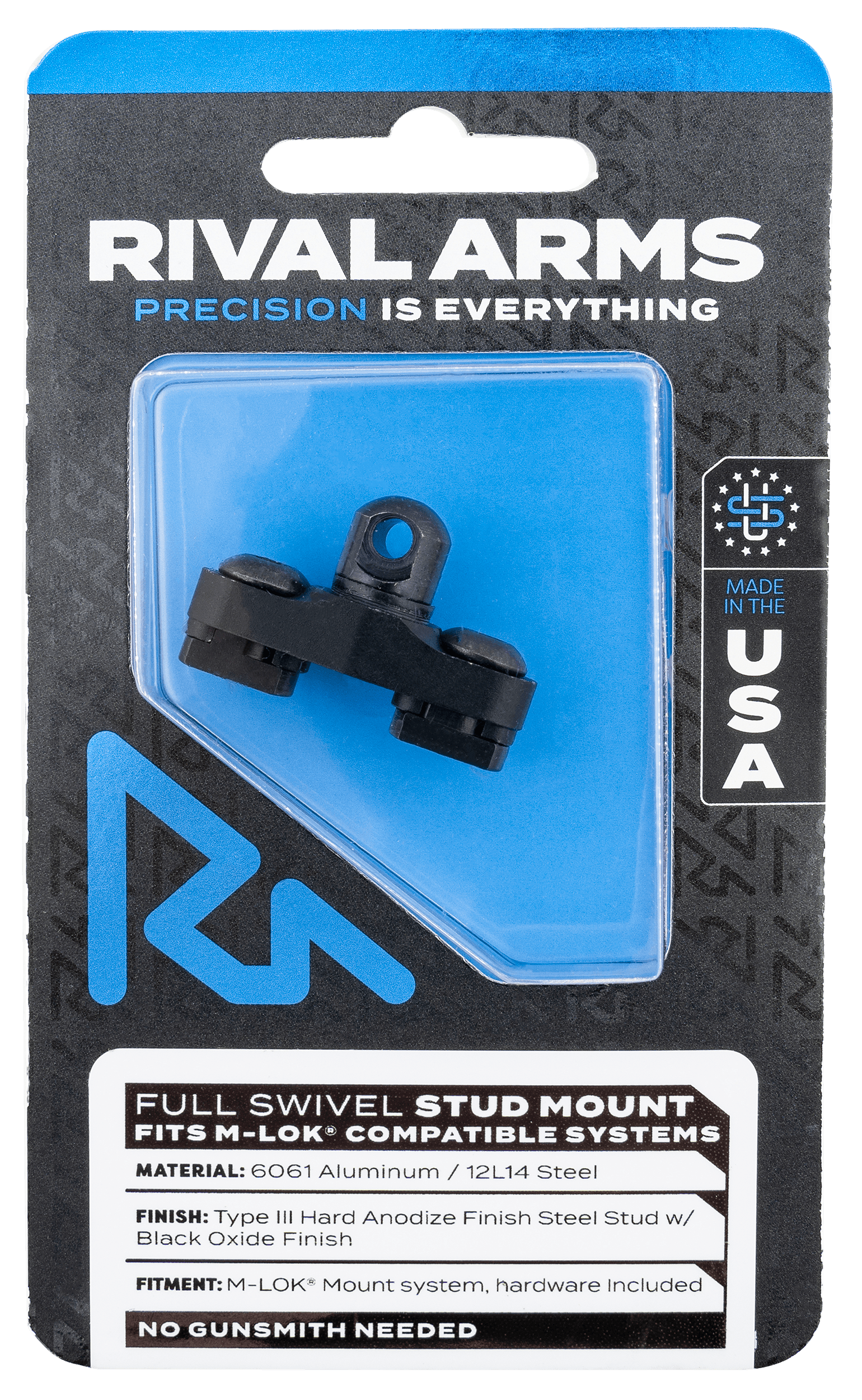 Rival Arms RA-RA92M1B Full Swivel Stud Mount  Black 6061-T6 Aluminum with Black Anodized 12L14 Steel Stud for M-LOK Mount System