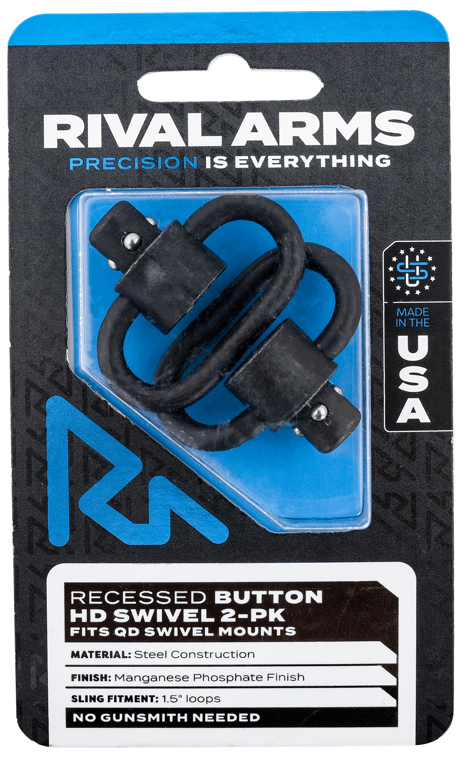 Rival Arms RA-RA92S2A HD Swivel Set  Black Manganese Phosphate Steel with 1.5" Loops & Recessed Button