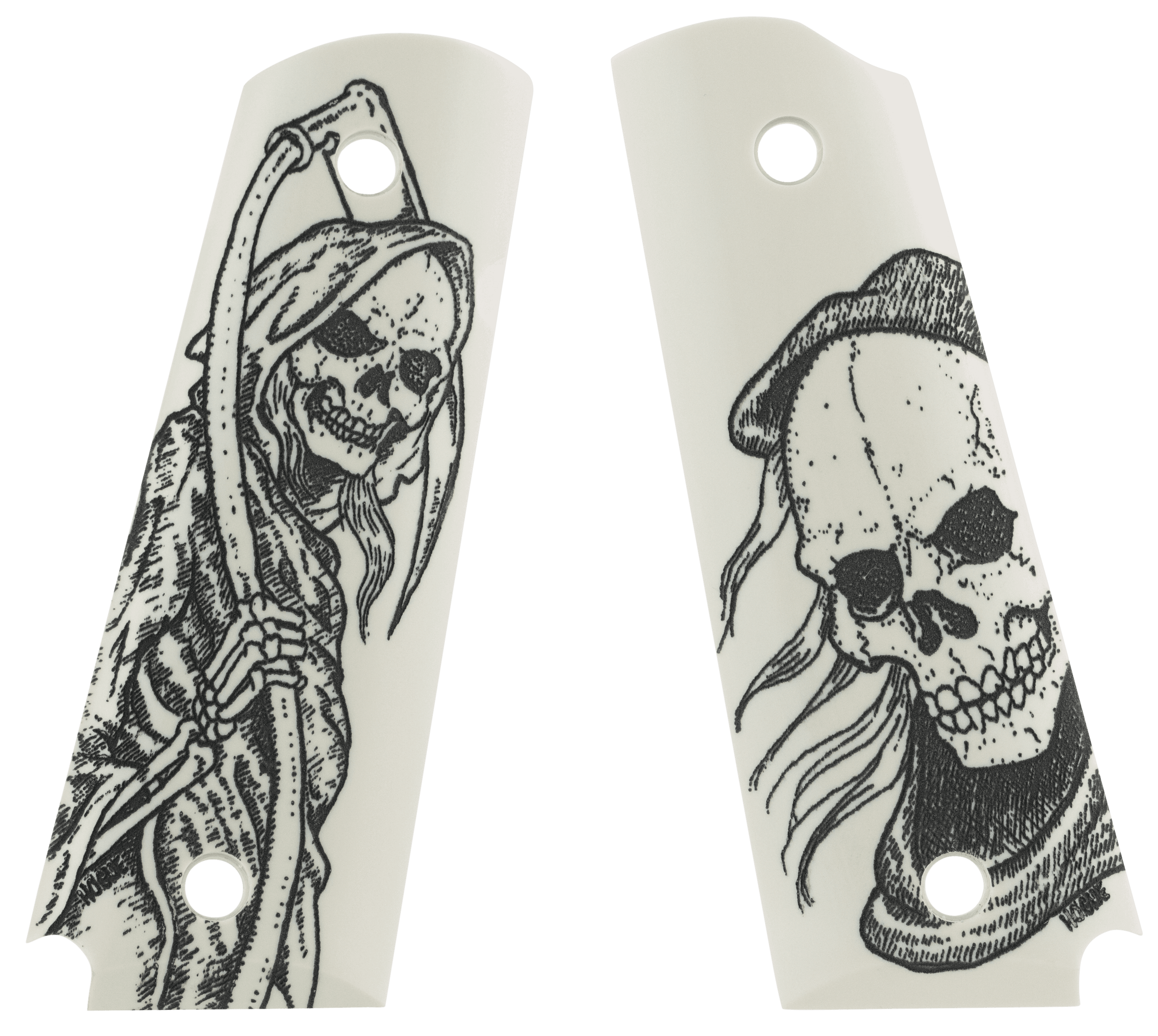 Hogue Scrimshaw Grip Ambi-Cut Ivory Grim Reaper Polymer for 1911 Government