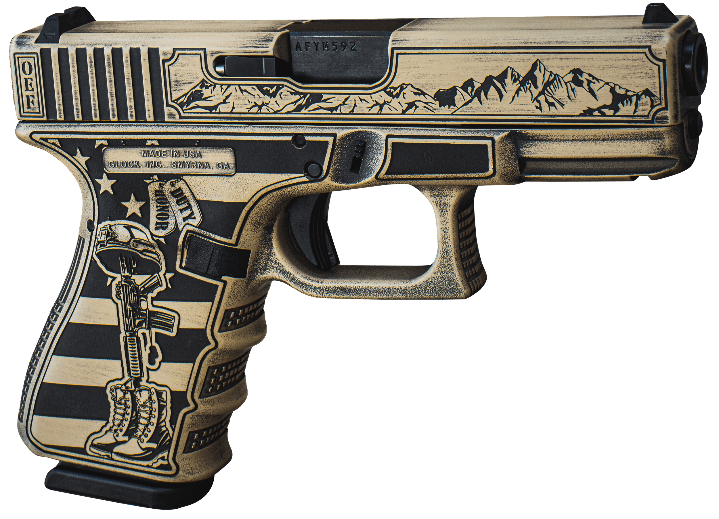 Glock G19 Gen 5 9mm Luger 4.02" 15+1 Tan Cerakote Engraved Grips