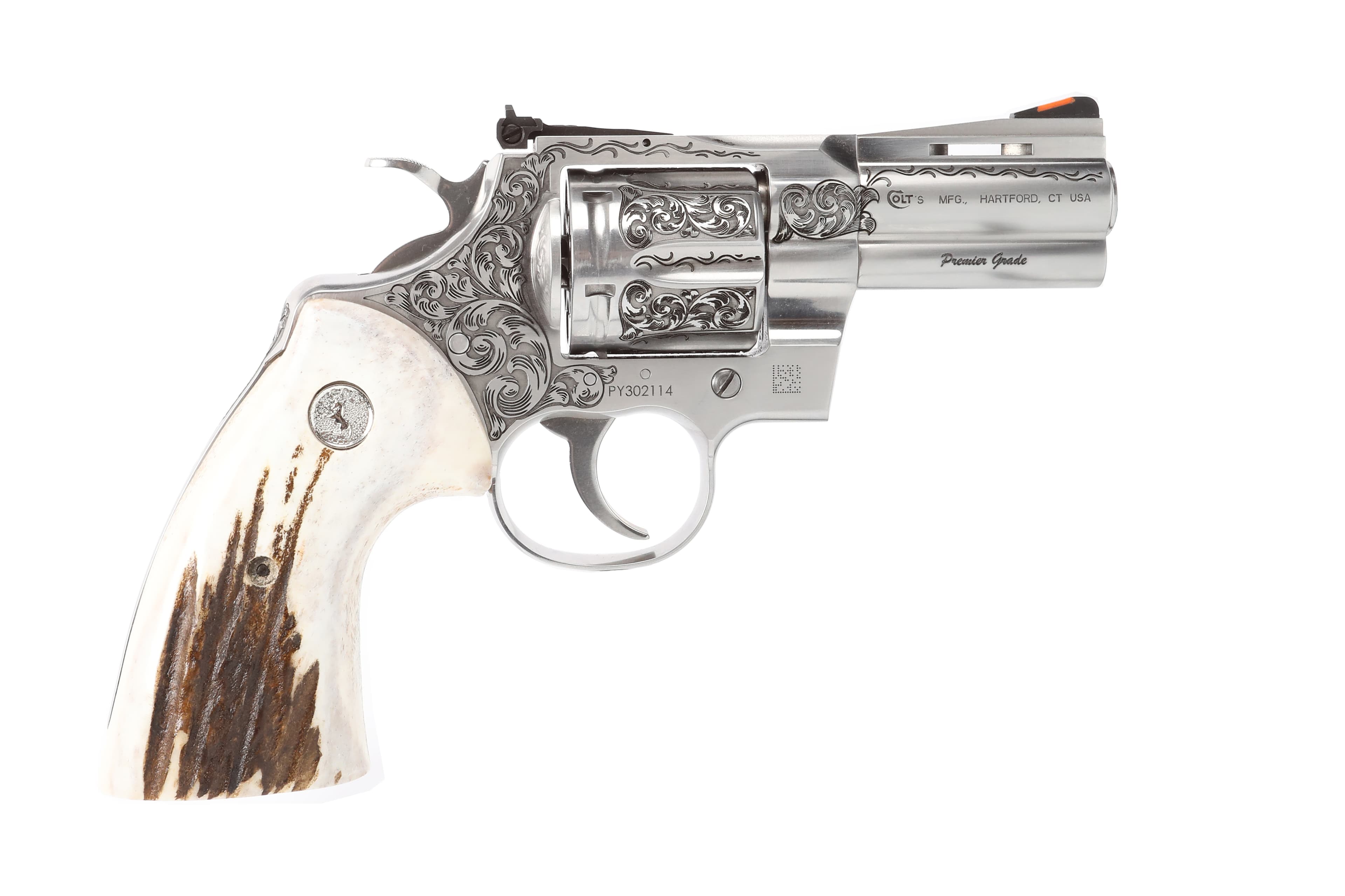 Colt Python 357 Magnum 3 Inch Barrel 6 Round Stainless Engraved Stag Grips